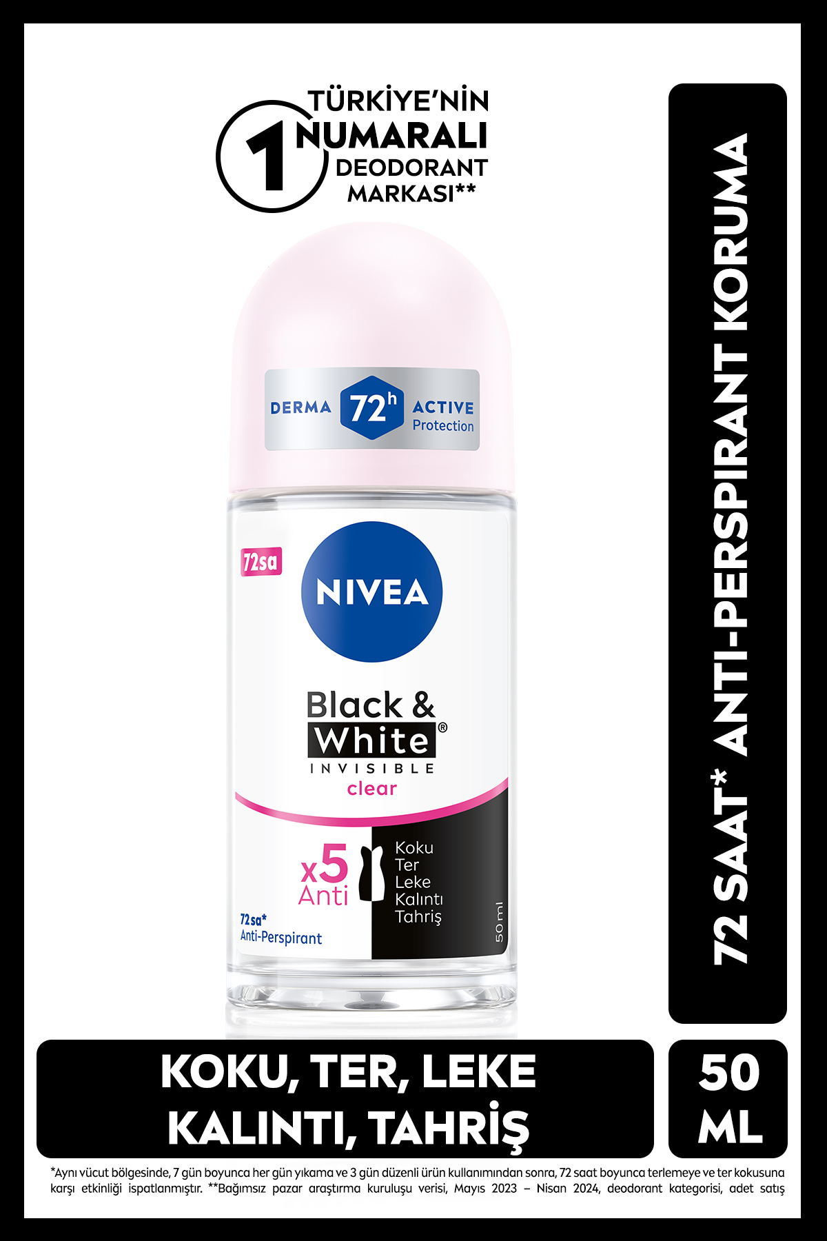 NIVEA Kadın Roll-on Deodorant Black&White Invisible Clear 50ml,72 Saat Anti-perspirant Ter Koruma,Alkolsüz