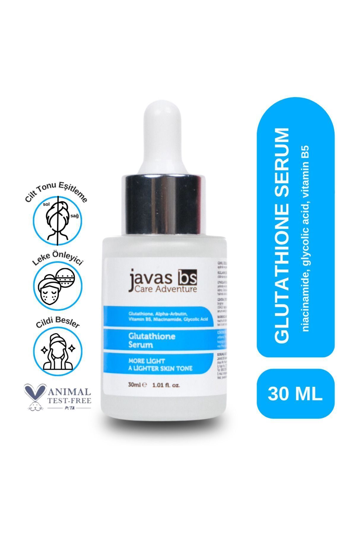 javas bs Glutatyon, Niacinamide, Glycolic Acid ve Alpha-Arbutin İçeren Aydınlatıcı Serum