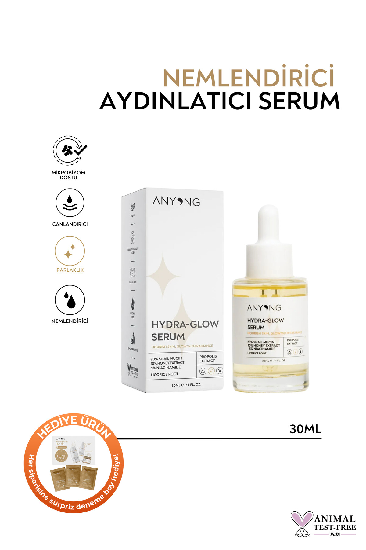 Anyong Nemlendirici, Aydınlatıcı, Yatıştırıcı, Canlandırıcı Serum 30 ml (SALYANGOZ ÖZÜ & BAL & NİASİNAMİD)