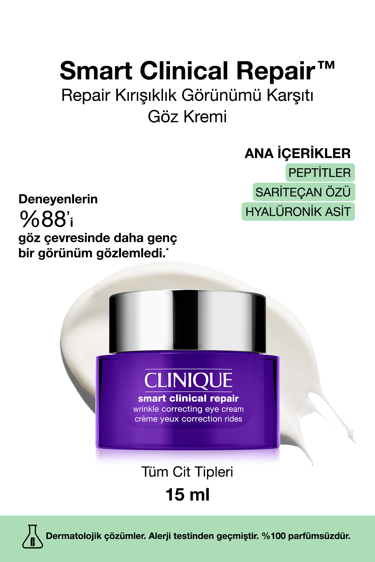 Clinique Smart Clinical Repair™ Çizgi Ve Kırışıklık Görünümü Karşıtı Göz Kremi 15ml | Hyalüronik Asit, Peptit