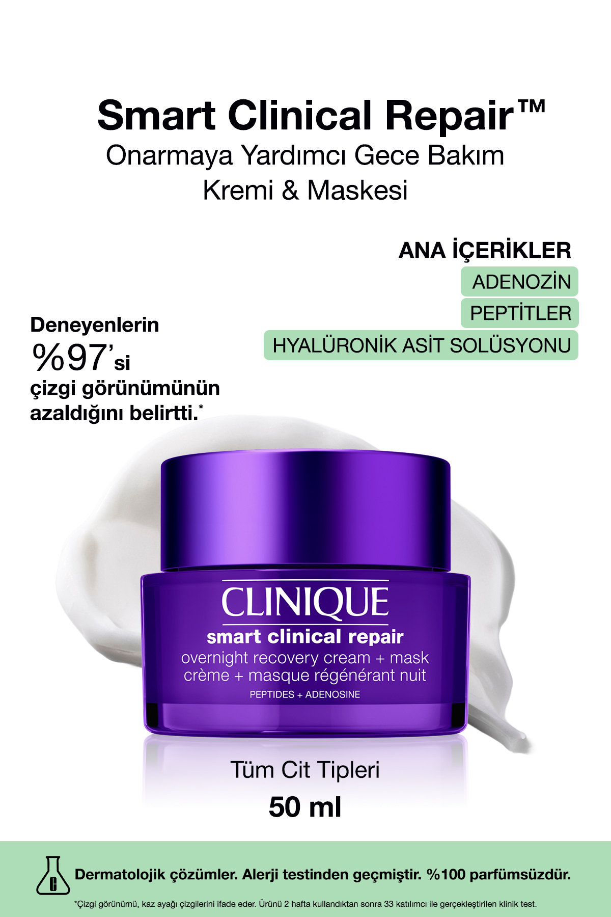 Clinique Smart Clinical Repair™ Onarmaya Yardımcı Gece Bakım Kremi & Maskesi 50 ml | Hyalüronik Asit, Peptit