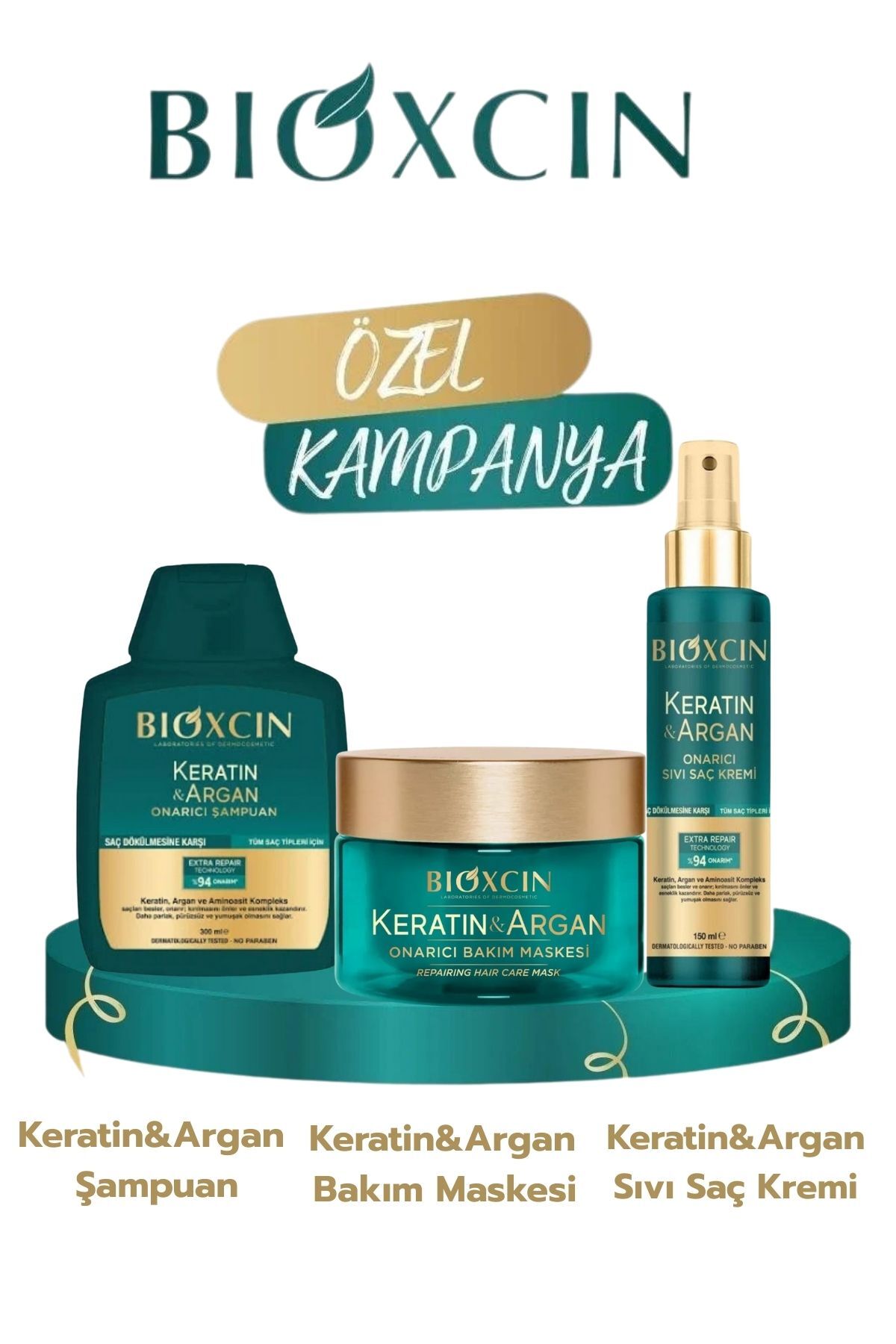 Bioxcin Bioxin Keratin & Argan Onarıcı Saç Maskesi+Sıvı Saç Kremi+Şampuan 3'lü Set