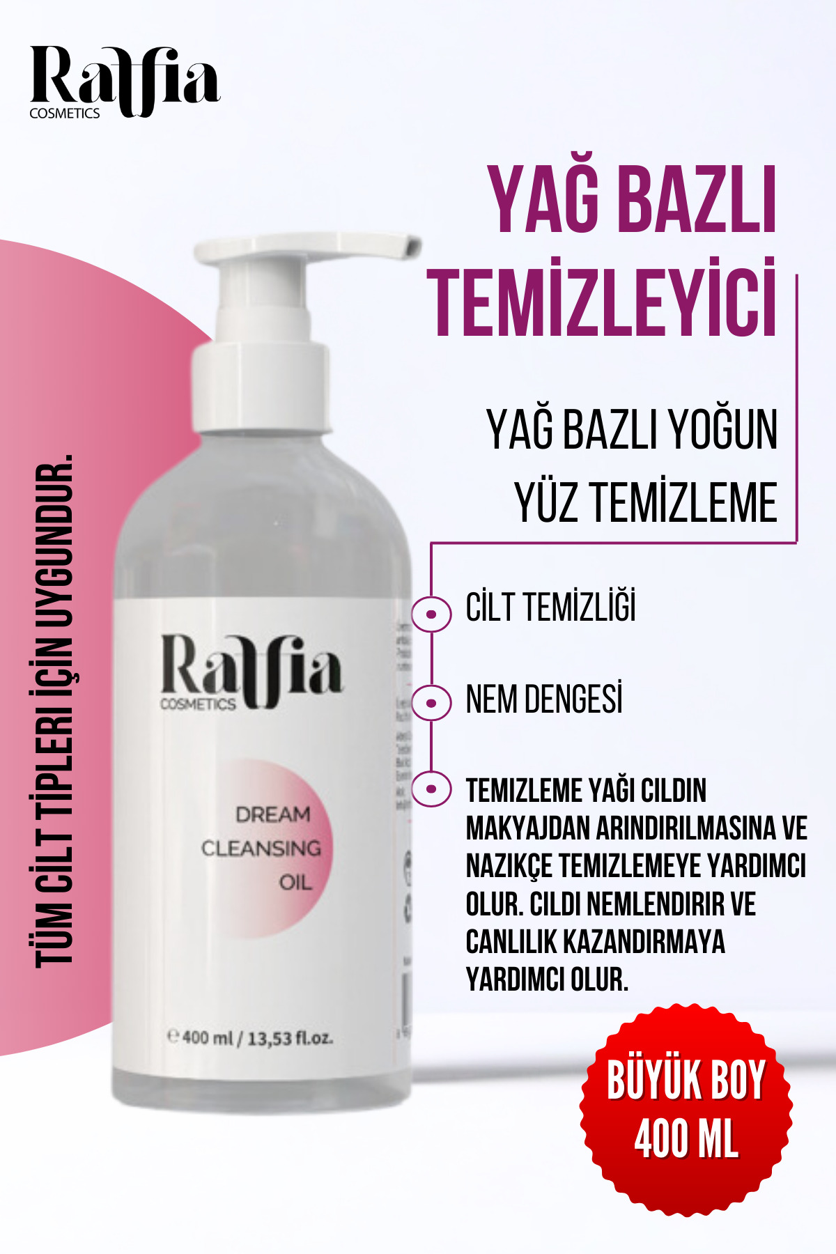Raffia Cosmetics Yağ Bazlı Temizleyici 400 ml Yüz Ve Vücut için Makyaj Arındırıcı Temizleme Yağı
