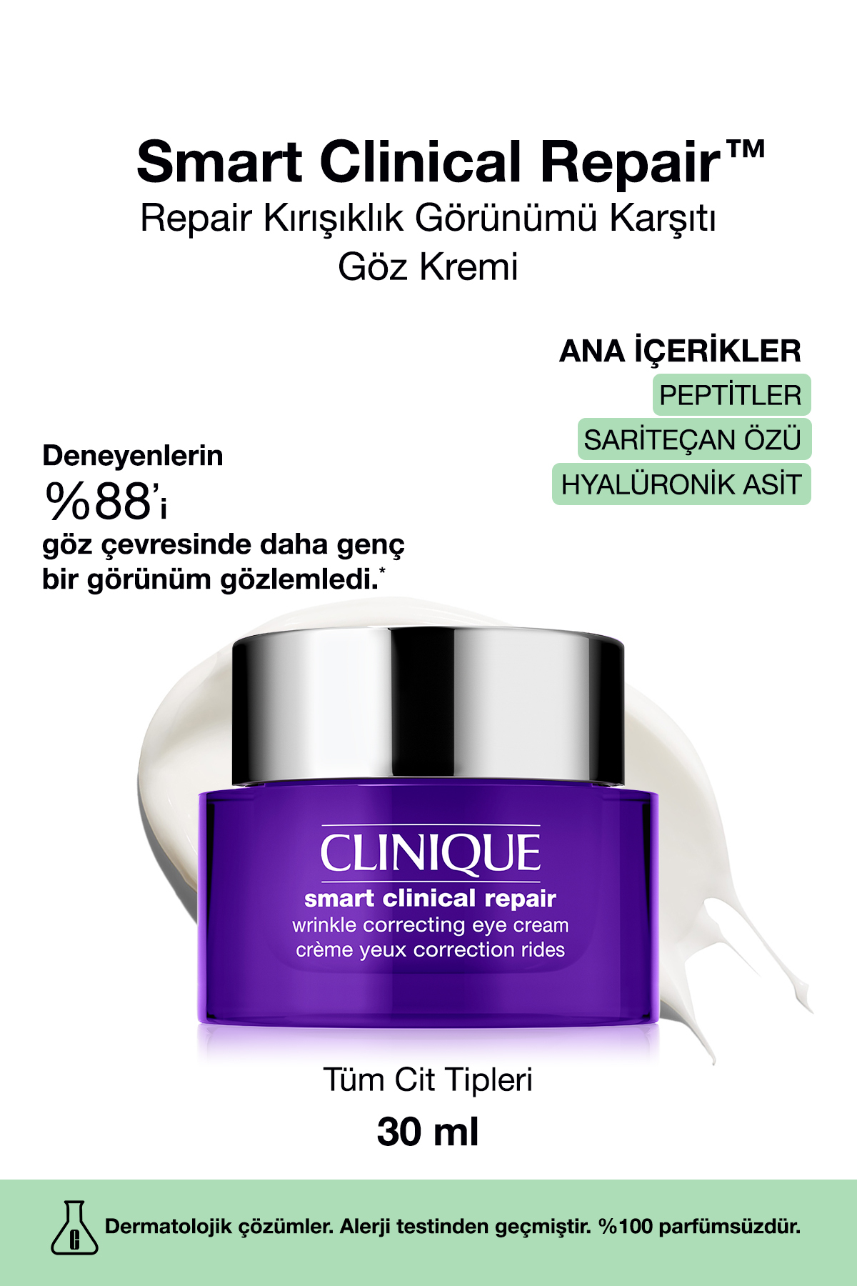 Clinique Smart Clinical Repair™ Çizgi Ve Kırışıklık Görünümü Karşıtı Göz Kremi 30ml | Hyalüronik Asit, Peptit