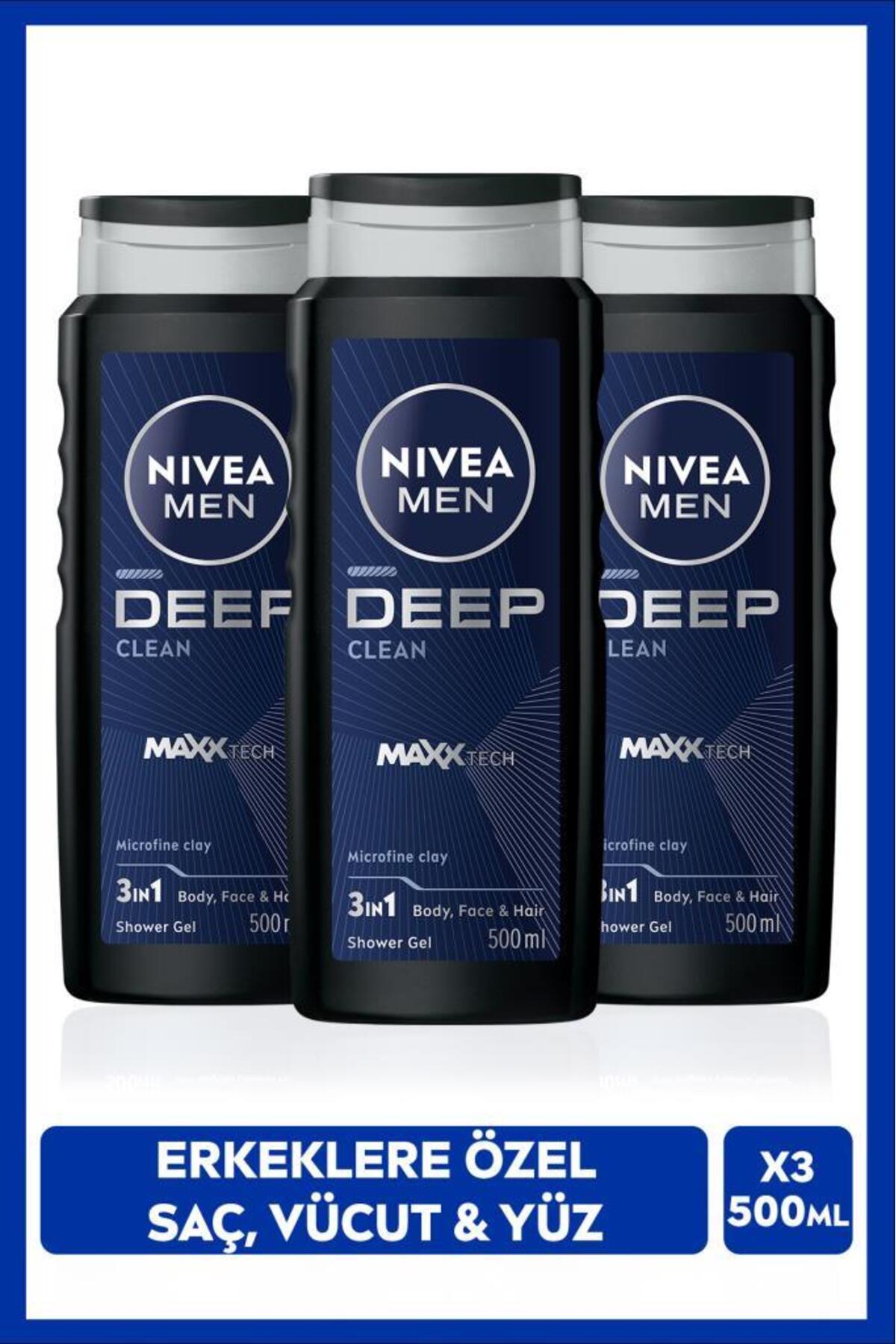 NIVEA MEN Erkek Deep Dimension Banyo ve Duş Jeli 500ml, 3'ü1 Arada Komple Bakım, Vücut Saç Yüz