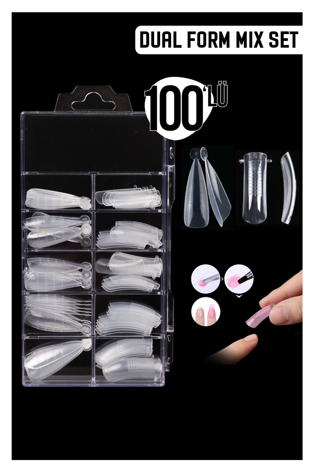 MOZIUR 100'lü Dual Form Tips Mix Set - Stiletto & Square - Poly Jel Kalıbı