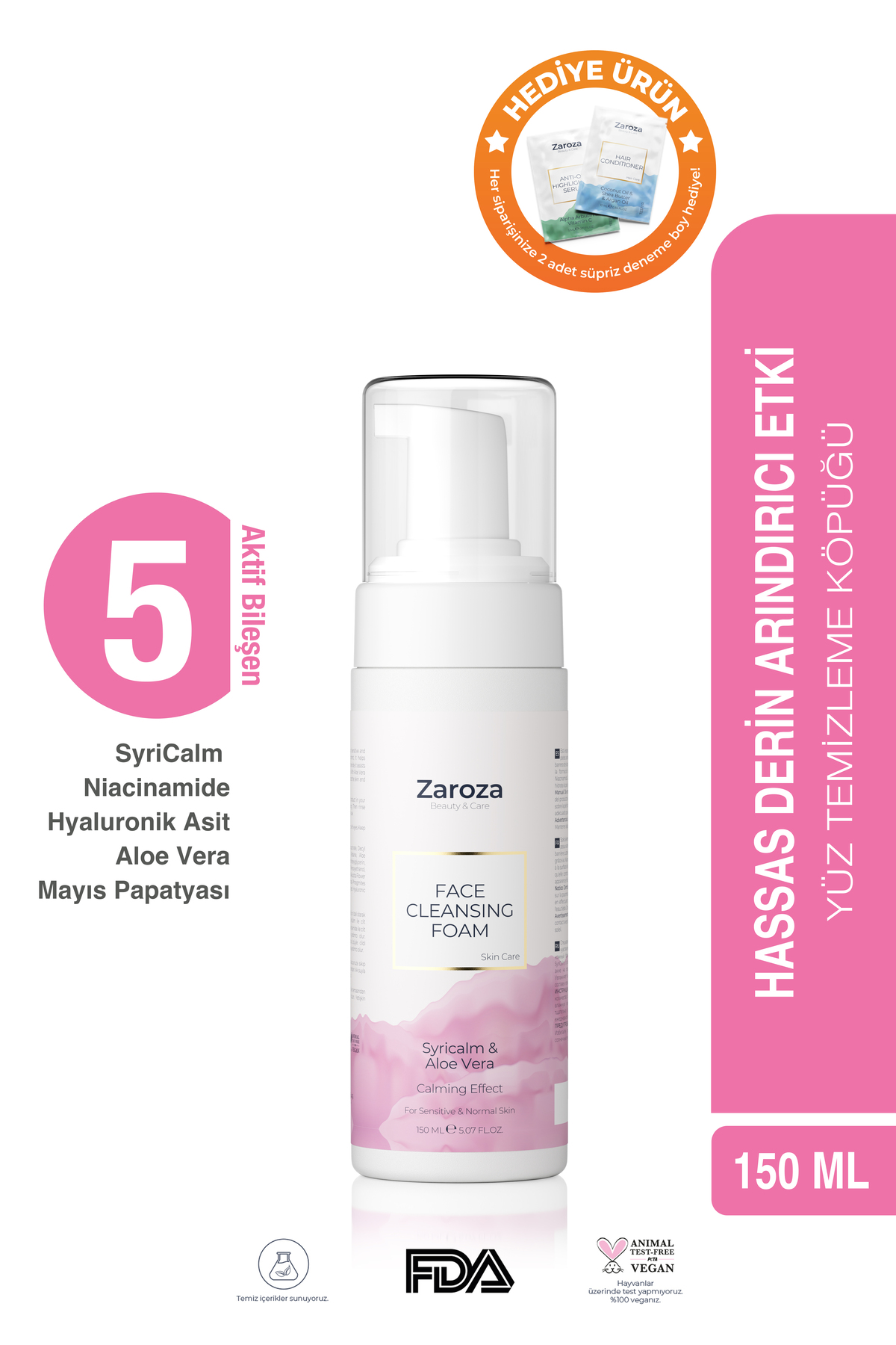ZAROZA Yüz Temizleme Köpüğü Hassas & Normal Ciltler Için Face Cleansing Foam(ALOE VERA)150ml