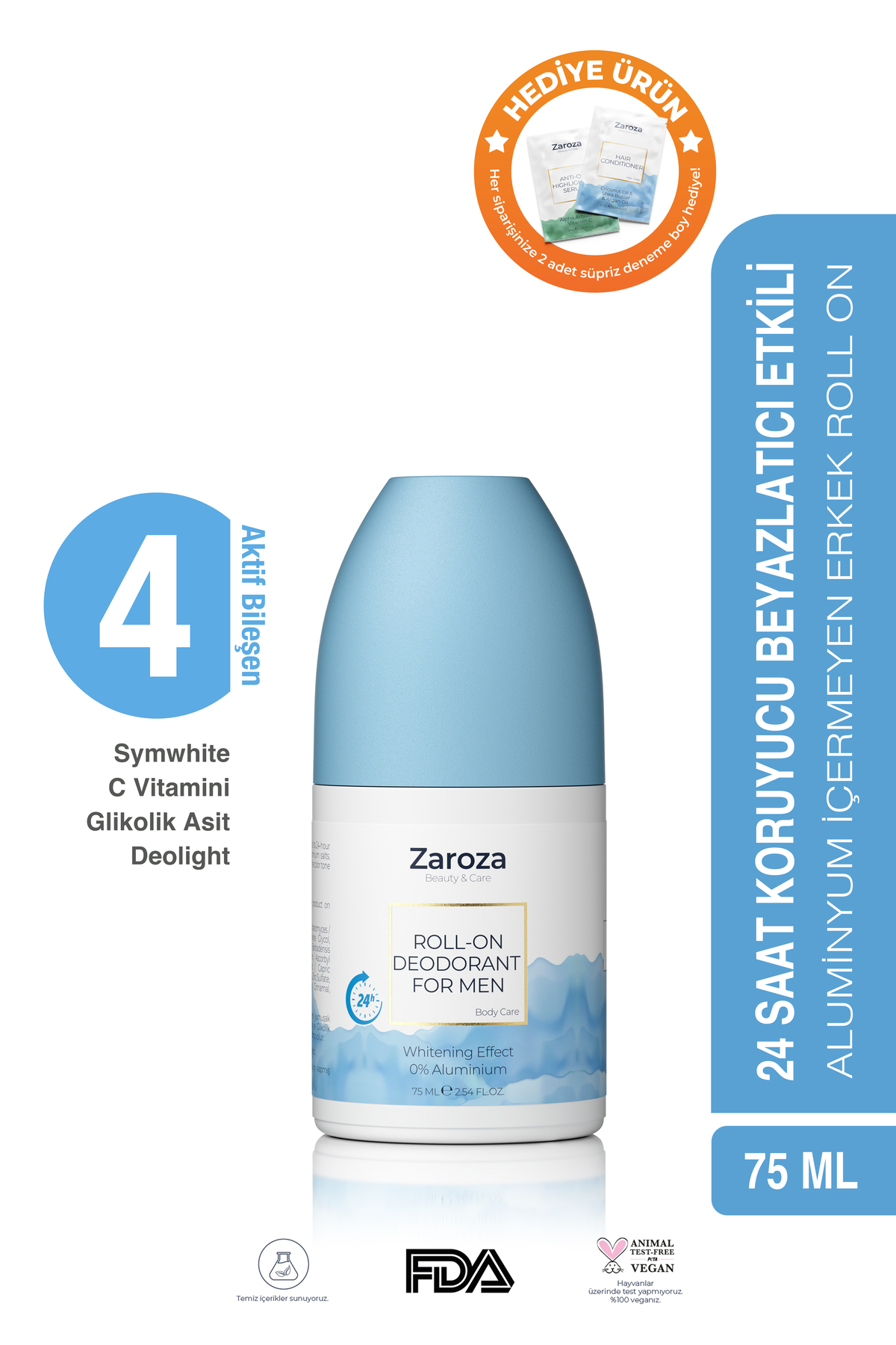 ZAROZA Roll-on For Men | Beyazlatma Etkili 24 Saate Kadar Koruma Aluminyum Içermeyen Erkek Roll On - 75 ml