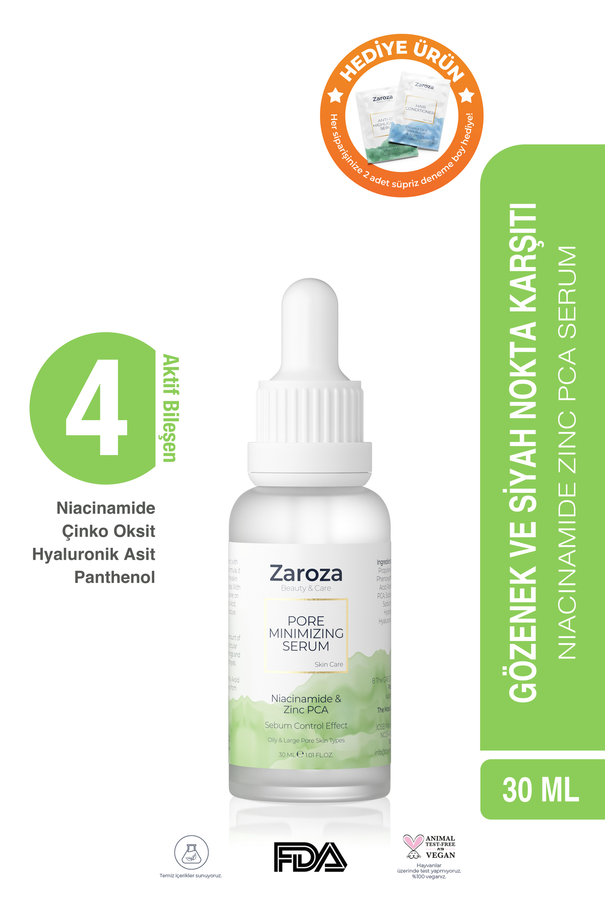 ZAROZA Gözenek Sıkılaştırıcı Siyah Nokta Karşıtı Zinc Pca Niacinamide Serum - Pore Minimizing Serum - 30 ml