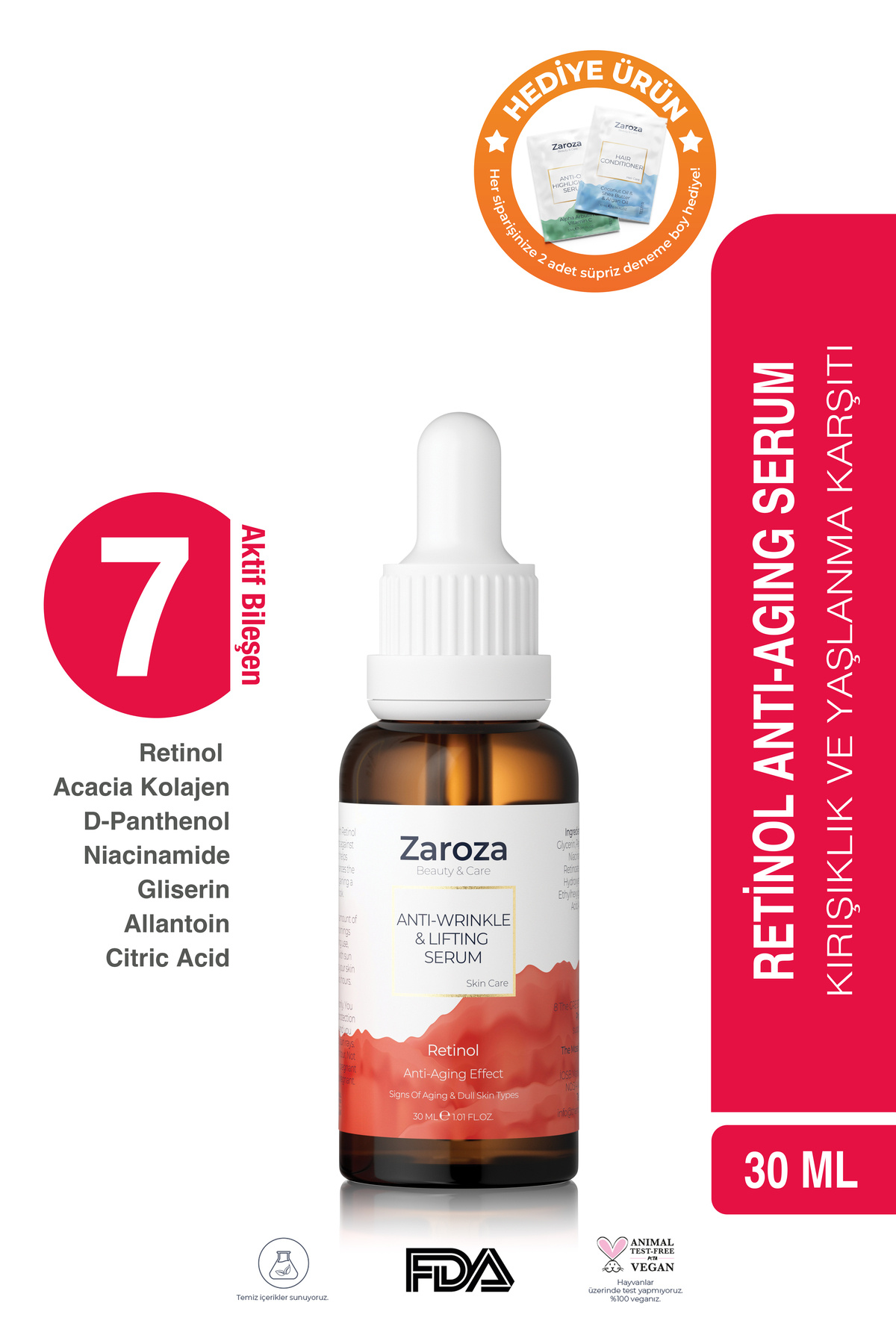 ZAROZA Retinol Serum - Kırışıklık ve Sarkma Karşıtı Anti Wrinkle & Lifting Serum - D-panthenol, Niacinamide