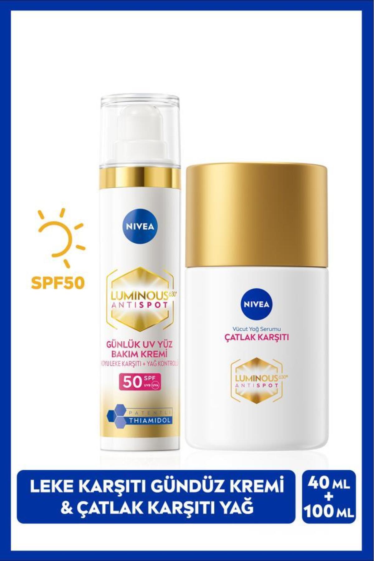 NIVEA Luminous630 Thiamidol Leke Karşıtı SPF50 Gündüz Kremi 40ml ve Çatlak Karşıtı Vücut Yağ Serumu 100ml