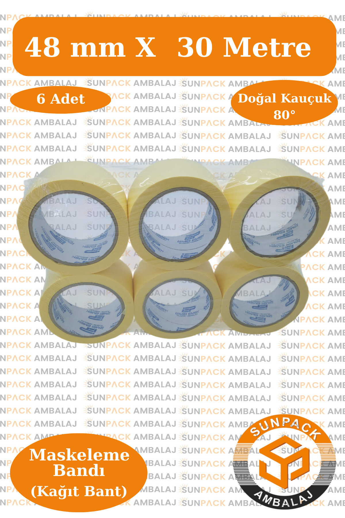 sunpack ambalaj Maskeleme Bandı 48mm X 30m Krem (6 Adet) (Kağıt Bant) - Oto Boya, Fırın ve Dekorasyon Bandı