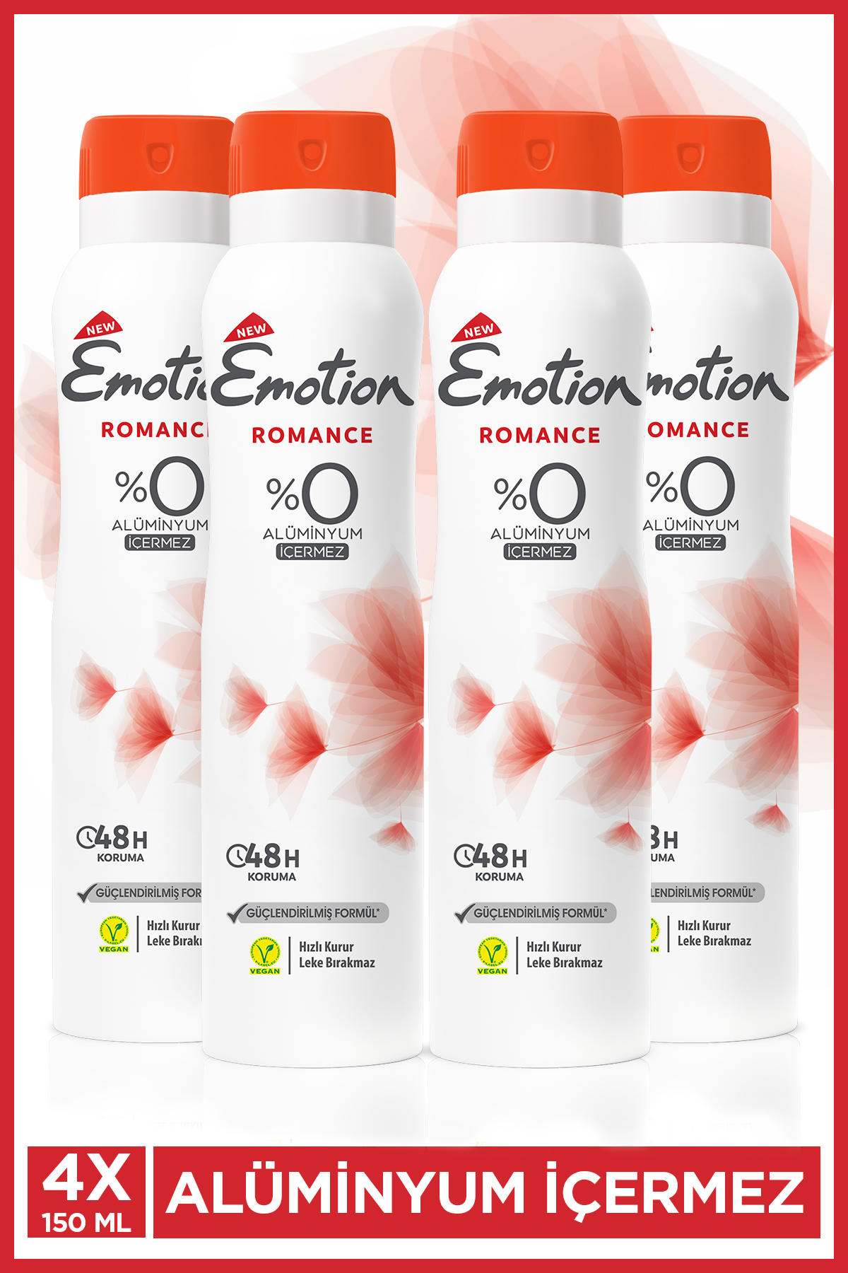 Emotion Romance Kadın Alüminyumsuz Vegan Deodorant 4x150 Ml Hızlı Kurur, Leke Bırakmaz
