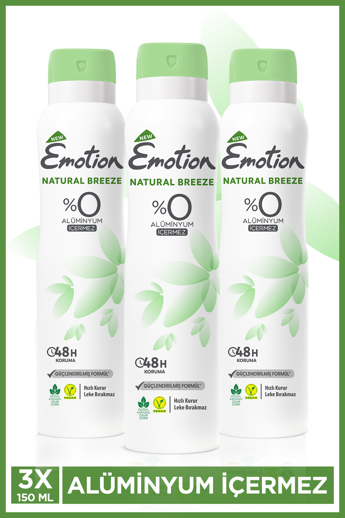 Emotion Natural Breeze Kadın Alüminyumsuz Vegan Deodorant 3x150ml Hızlı Kurur, Leke Bırakmaz