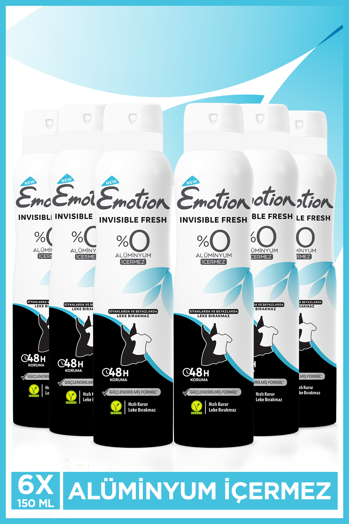 Emotion Invisible Fresh Kadın Alüminyumsuz Vegan Deodorant 6x150ml Hızlı Kurur, Leke Bırakmaz