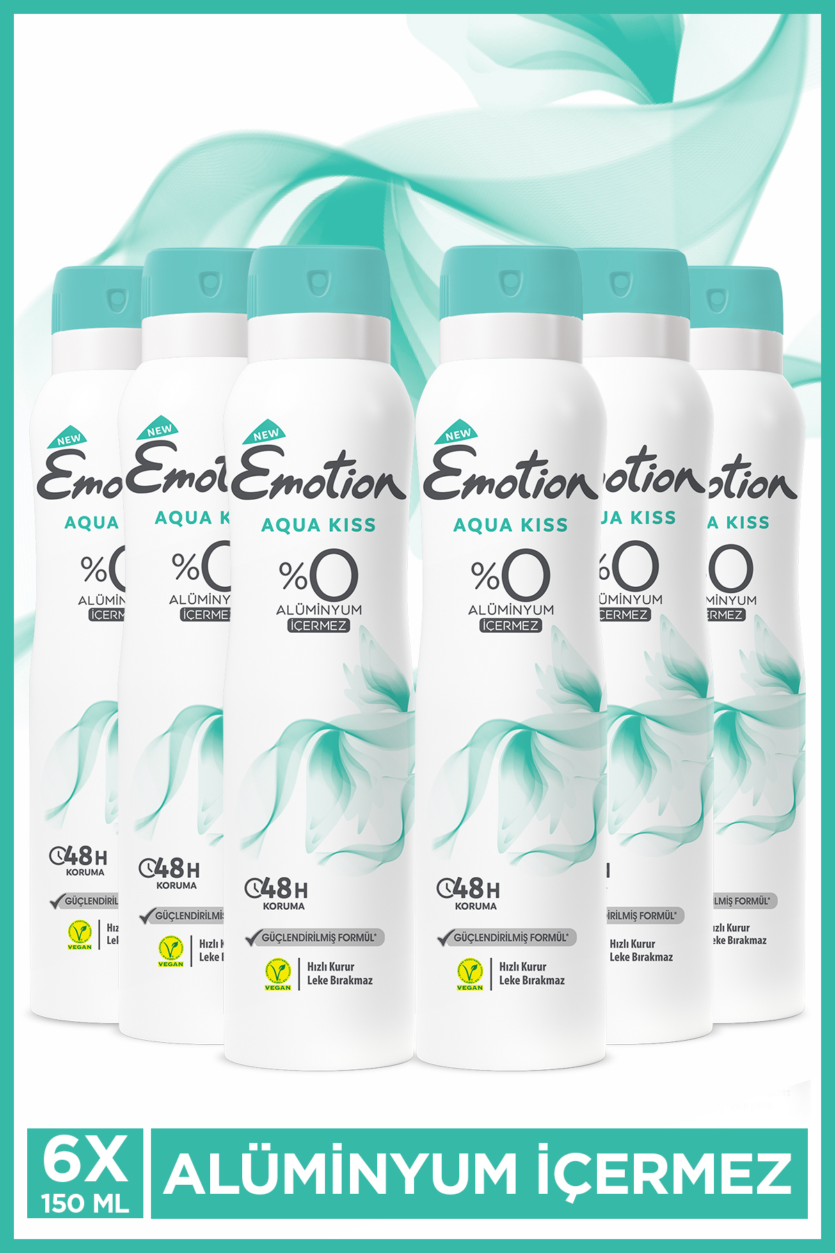 Emotion Aqua Kiss Kadın Alüminyumsuz Vegan Deodorant 6x150ml Hızlı Kurur, Leke Bırakmaz