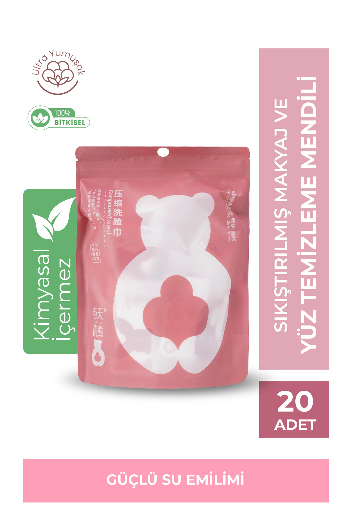 Spring bear Sıkıştırılmış Islanınca Büyüyen Sihirli Makyaj Ve Yüz Temizleme Mendili 20'li
