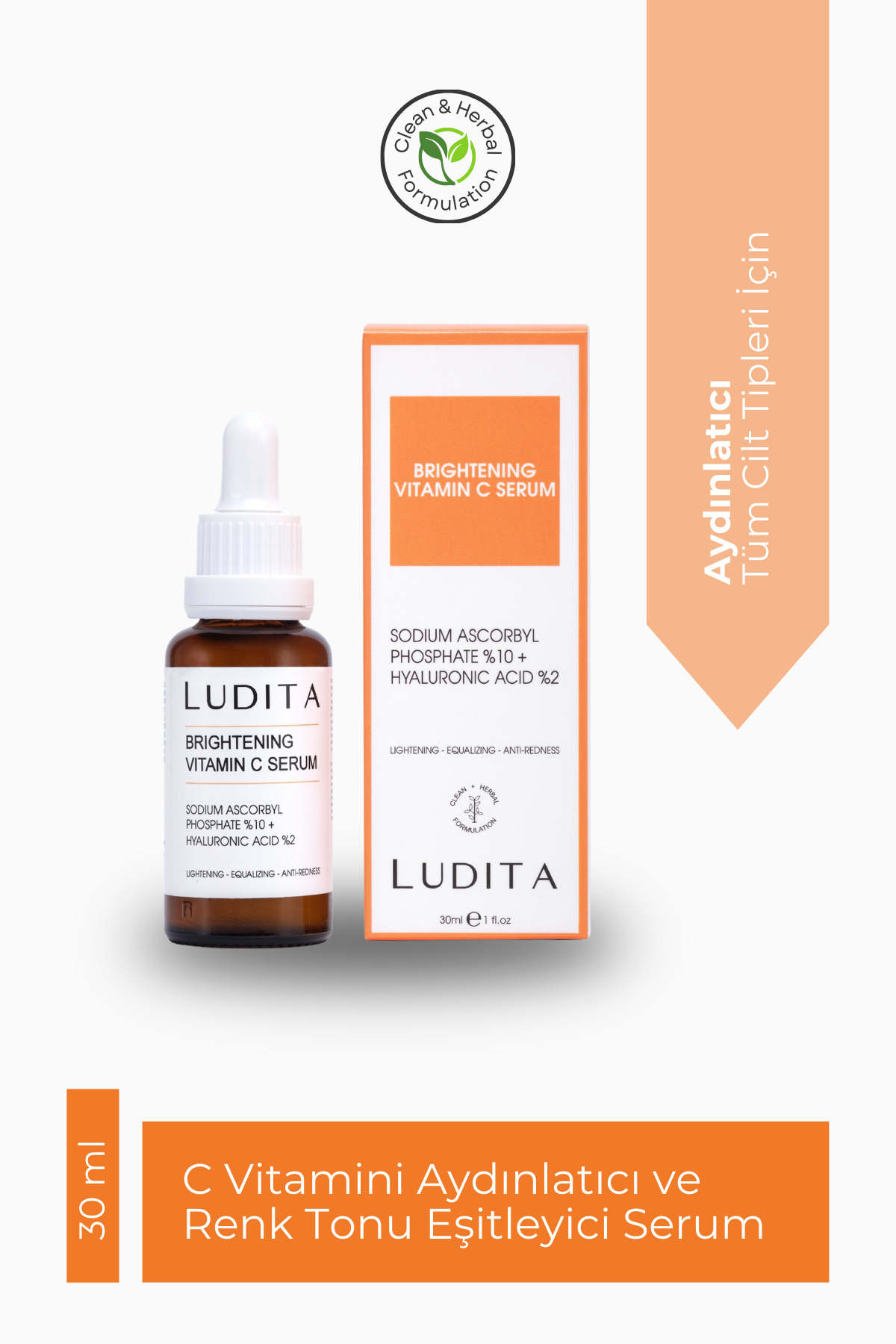 LUDITA C Vitamini Serumu %10 – Aydınlatıcı, Renk Tonu Eşitleyici & Nemlendirici