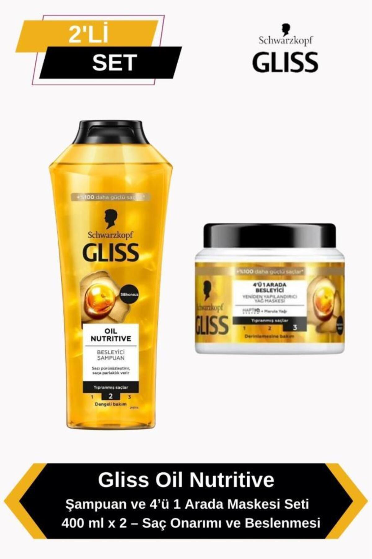 Gliss Oil Nutritive Şampuan ve 4’ü 1 Arada Maskesi Seti – 400 ml x 2 – Saç Onarımı ve Beslenmesi