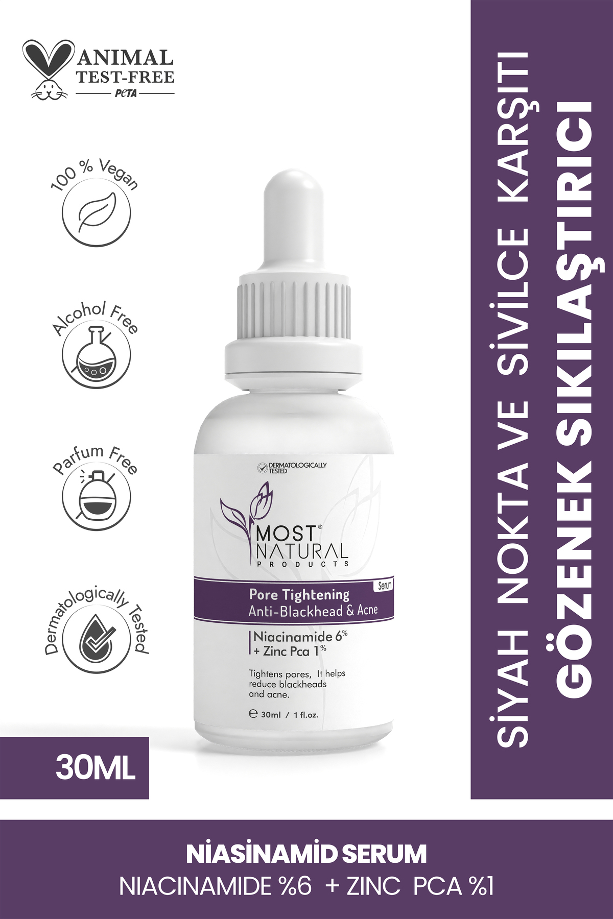 Most Natural Products Siyah Nokta Ve Sivilce Karşıtı, Gözenek Sıkılaştırıcı Niacinamide Serum 30 ml