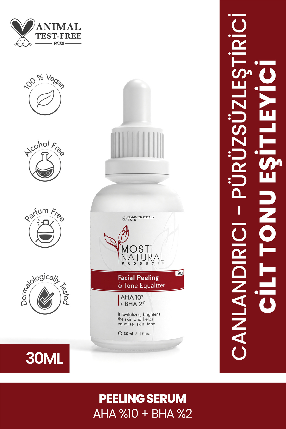 Most Natural Products Canlandırıcı Ve Pürüzsüzleştirici Cilt Tonu Eşitleyici Yüz Peeling Serum 30 ml