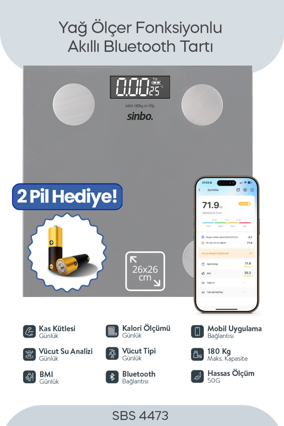 Sinbo SBS-4473 Bluetooth Dijital Yağ Su Kas Vücut Kitle Endeksi Kilo Ölçer Tartı Baskül