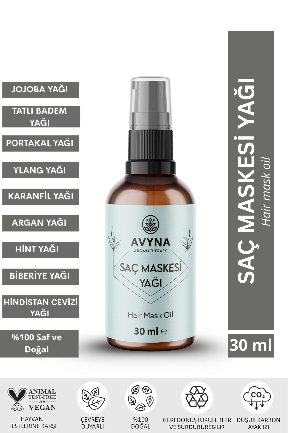 AVYNA Saç Maskesi Yağı 30 ml Cam Şişede %100 Saf Ve Doğal (HAİR MASK OİL)