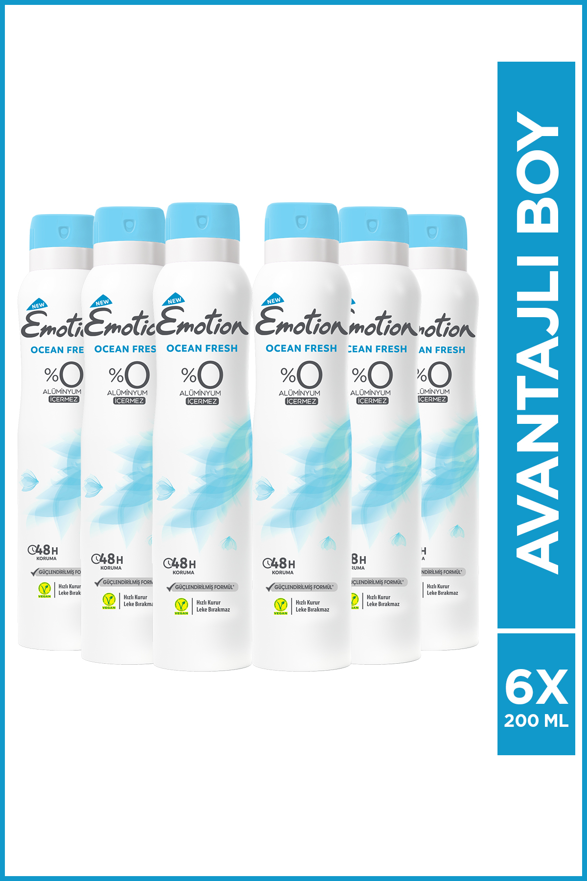 Emotion Ocean Fresh Kadın Alüminyumsuz Vegan Deodorant 6x200 Ml Hızlı Kurur, Leke Bırakmaz