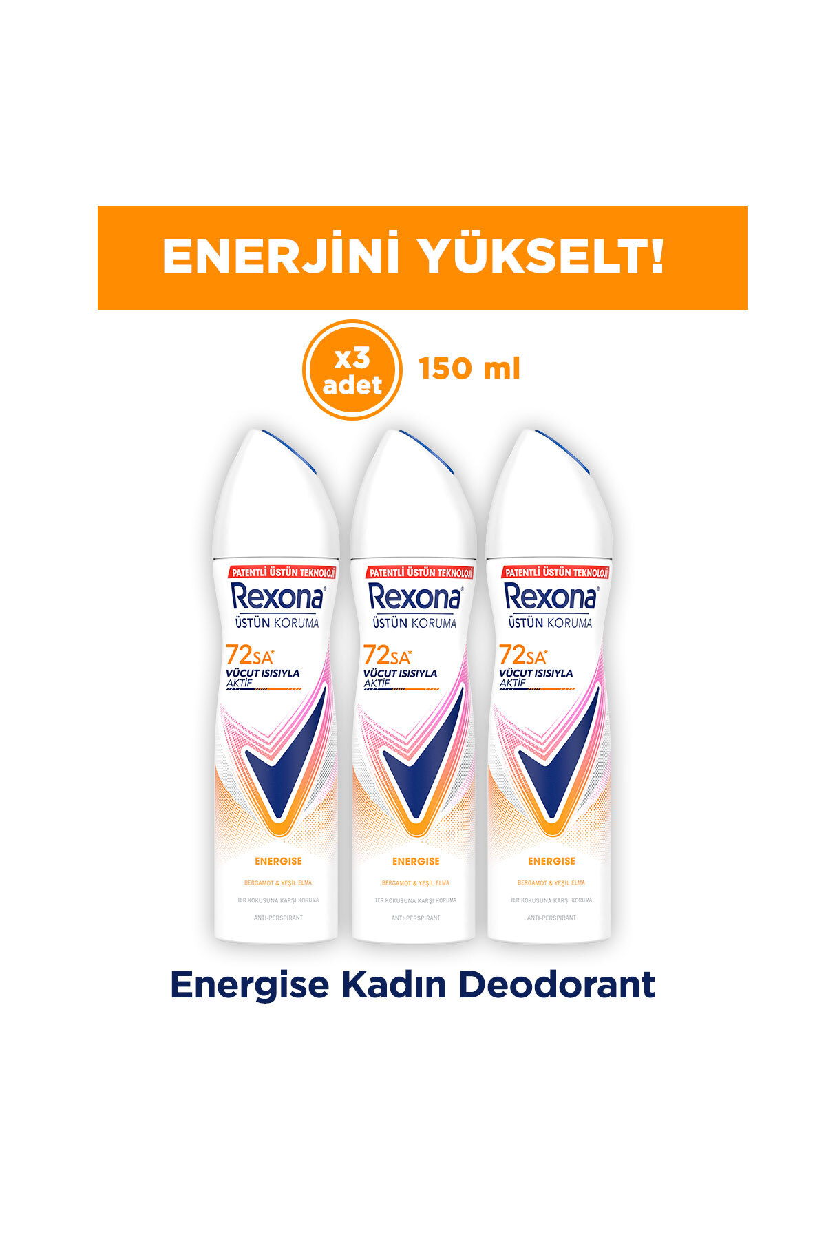 Rexona Kadın Sprey Deodorant Energise Bergamot & Yeşil Elma 150 ml x3