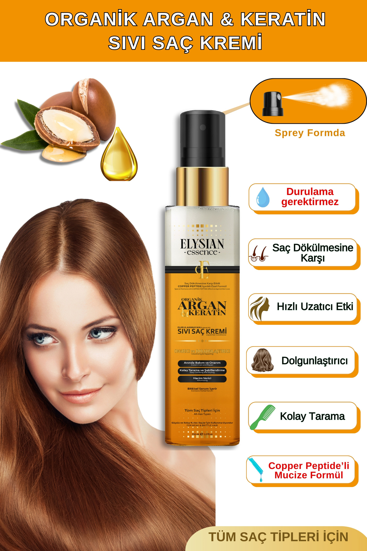 Elysian Essence Organik Argan & Keratin Sıvı Saç Kremi 150 ML – Durulanmayan, Dökülme Karşıtı, Onarıcı Bakım Spreyi
