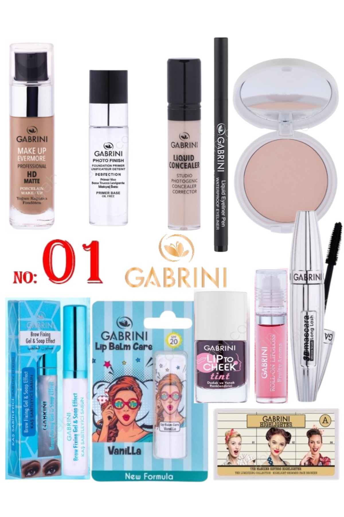 Gabrini HD Matte Fondöten No: 01 Mat Pudra Highlighter A Silikon Maskara Kapatıcı 11 Parça Makyaj Seti