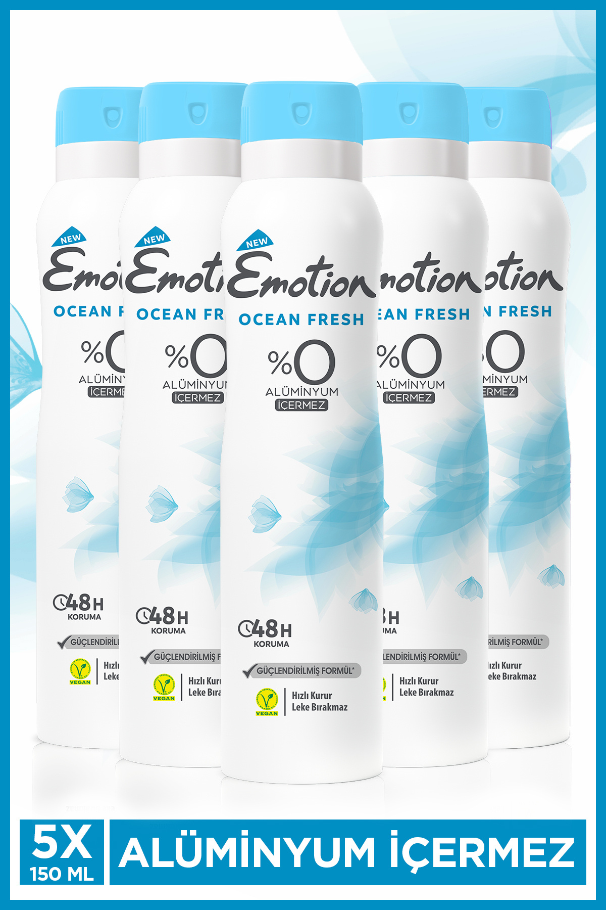 Emotion Ocean Fresh Kadın Alüminyumsuz Vegan Deodorant 5x150 Ml Hızlı Kurur, Leke Bırakmaz