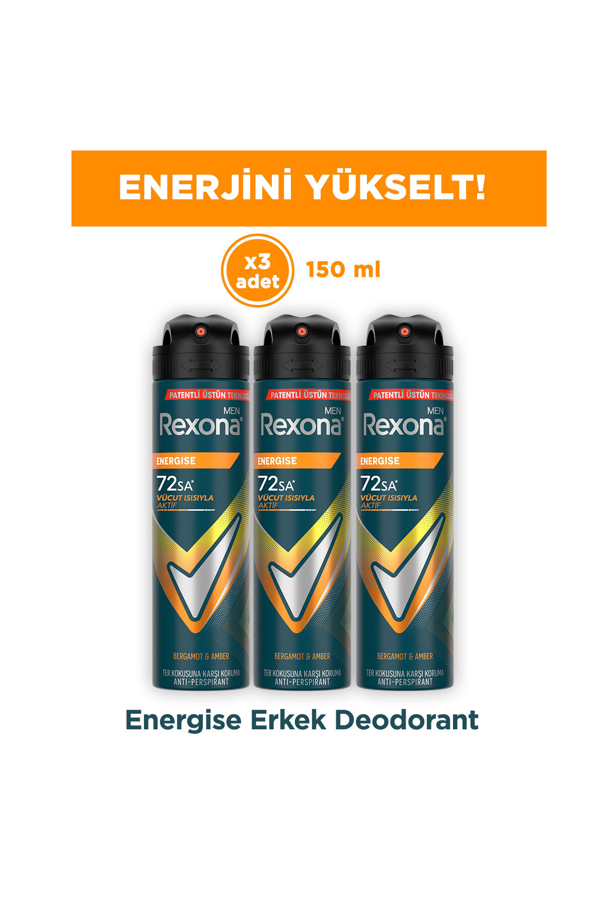 Rexona Men Erkek Sprey Deodorant Energise Bergamot & Amber 150 ml x3