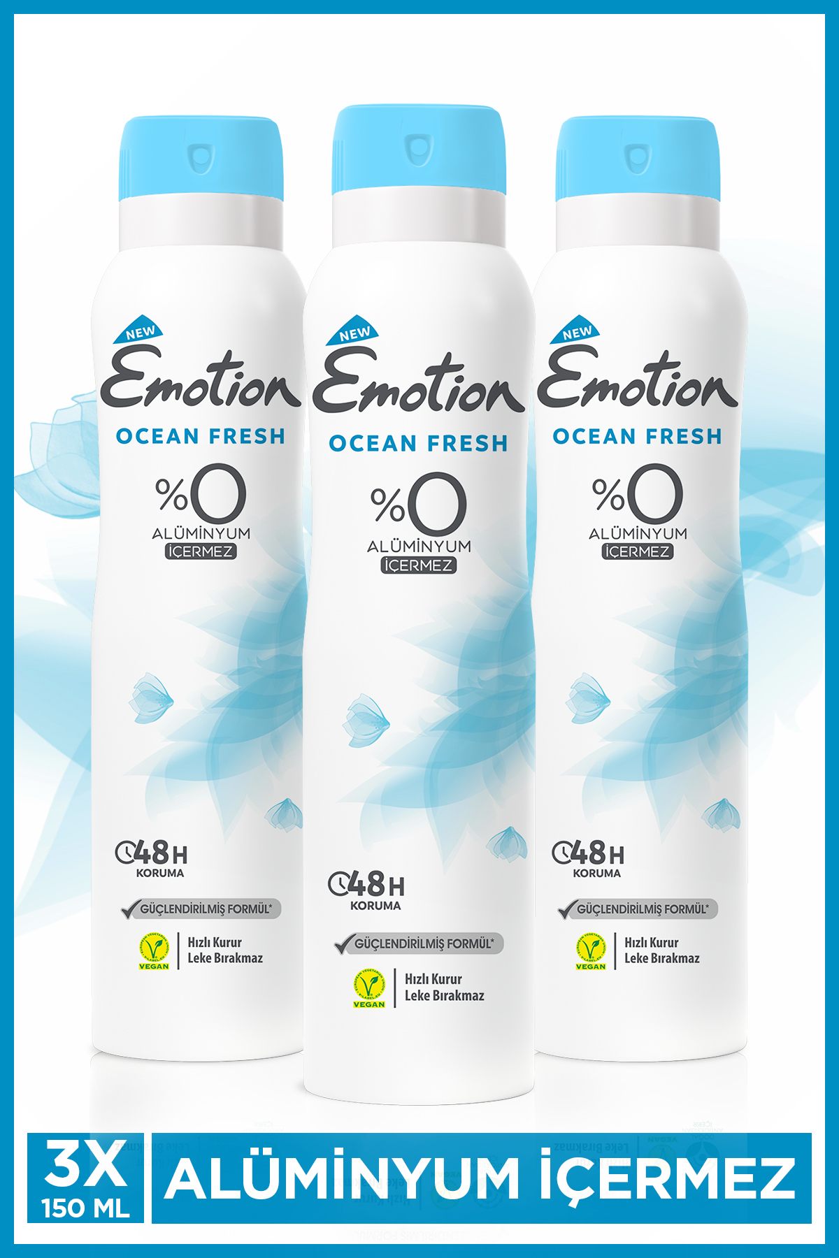 Emotion Ocean Fresh Kadın Alüminyumsuz Vegan Deodorant 3x150ml Hızlı Kurur, Leke Bırakmaz