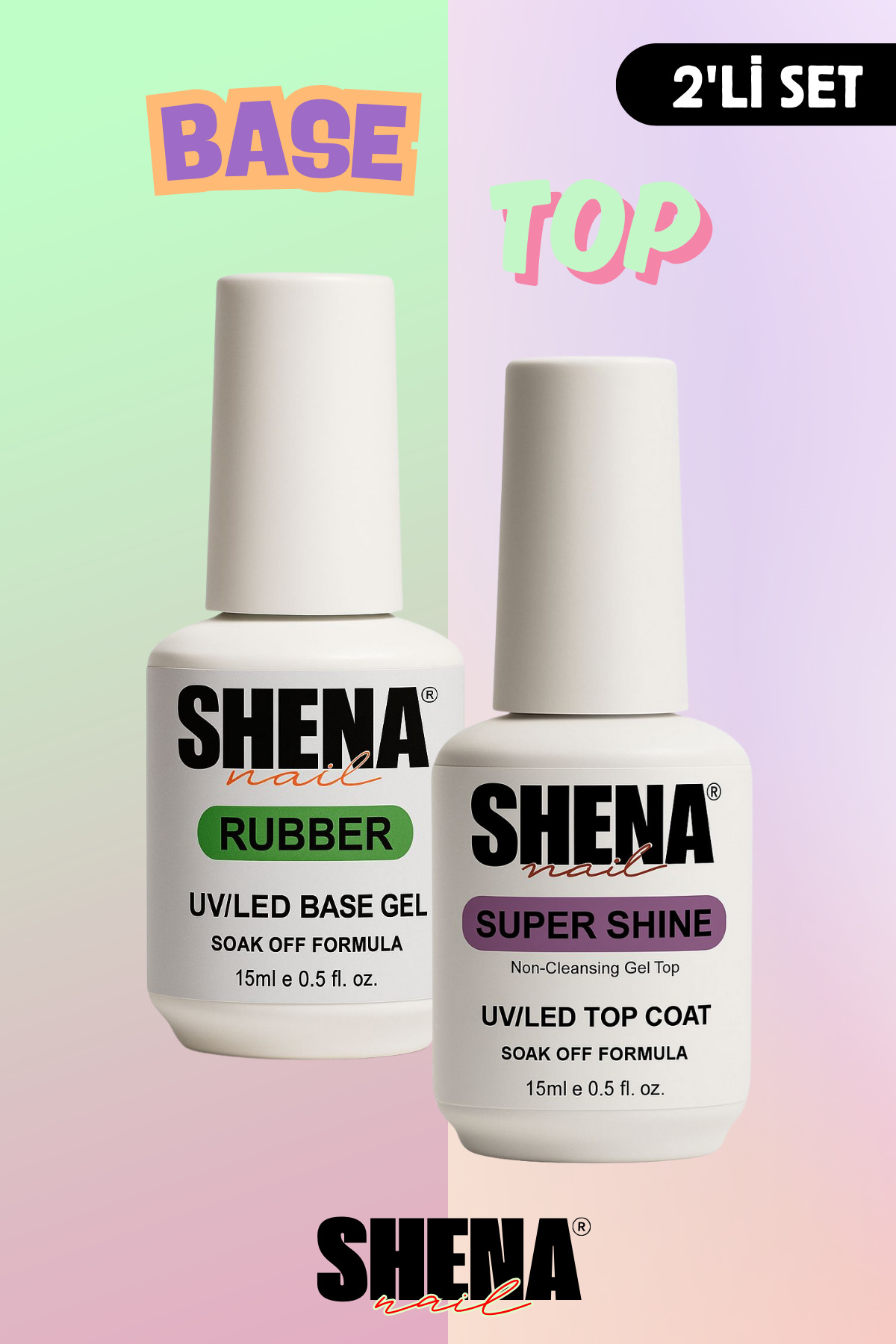 Shena 2li Kat Seti Rubber Base Coat Super Shine Top Coat 15 ml - Kalıcı Oje & Protez Tırnak Katman