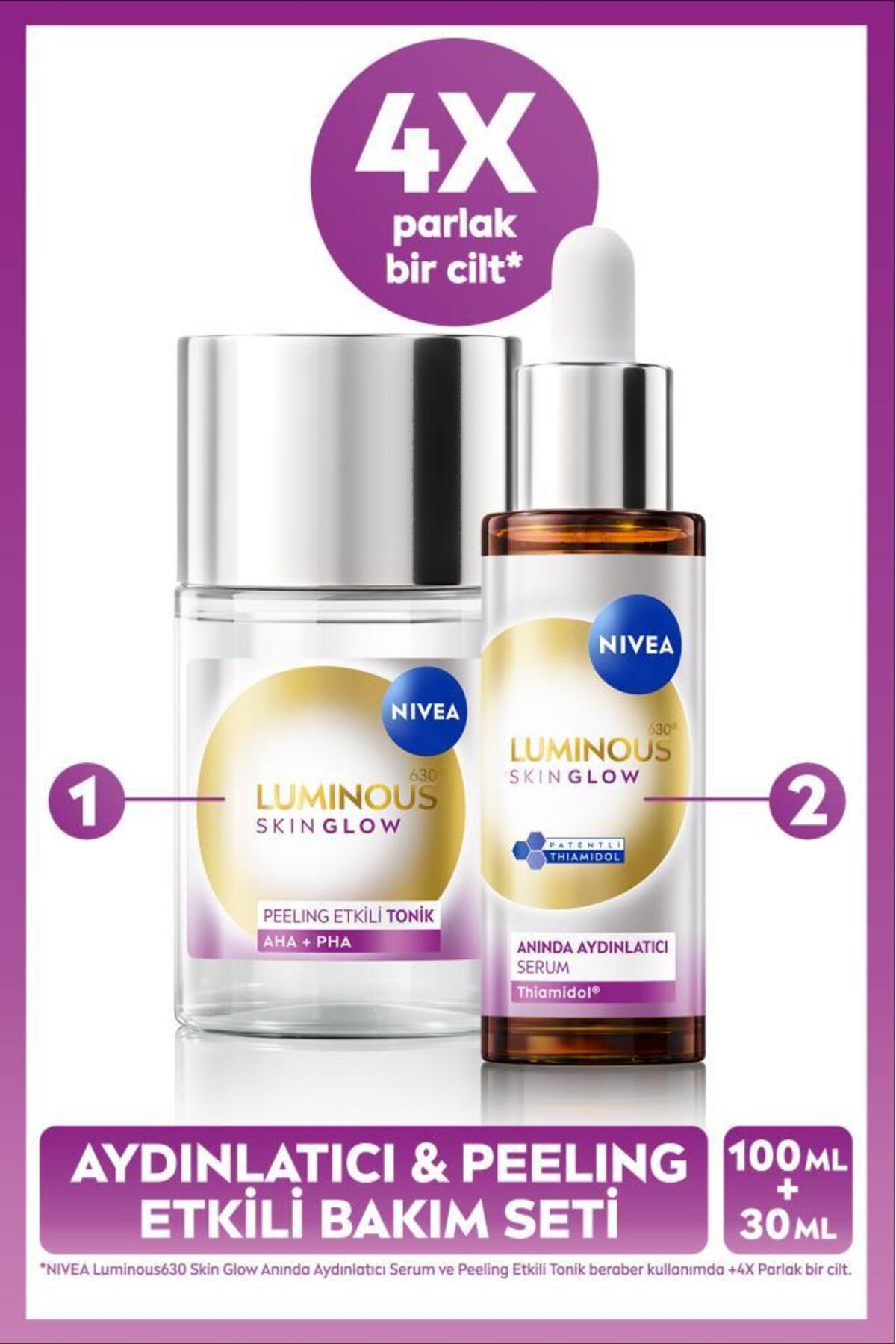 NIVEA Luminous630 Skin Glow Anında Aydınlatıcı Serum 30ml ve Peeling Etkili Tonik 100ml, Eşit Cilt Tonu