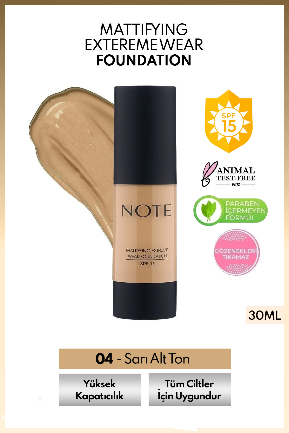 NOTE Mattifying Extreme Wear Spf 15 Yoğun Kapatıcı Mat Bitişli Fondöten - 04 Sand