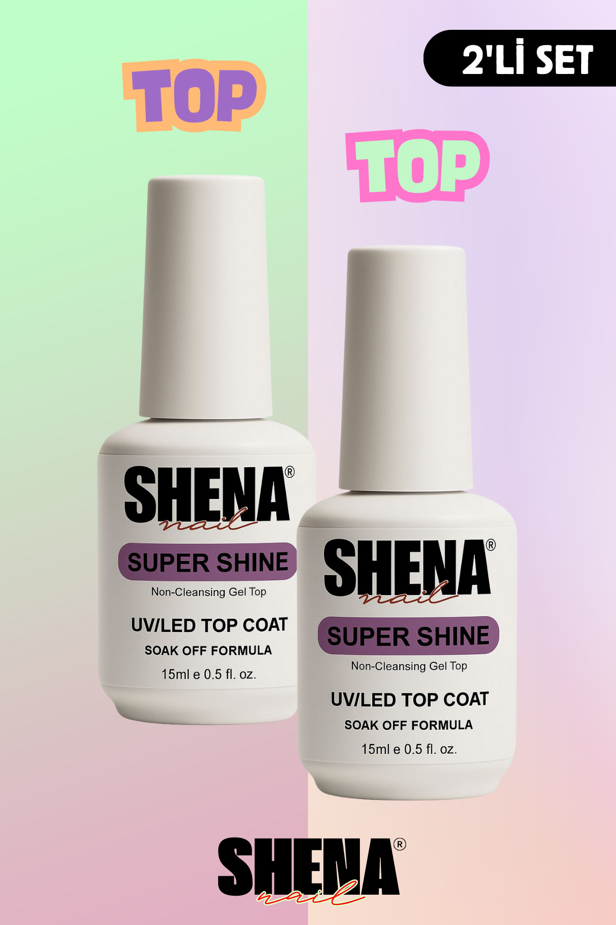 Shena 2li Kat Seti Super Shine Top Coat 15 ml - Kalıcı Oje & Protez Tırnak Üst Katman 15 15ml 2 Adet