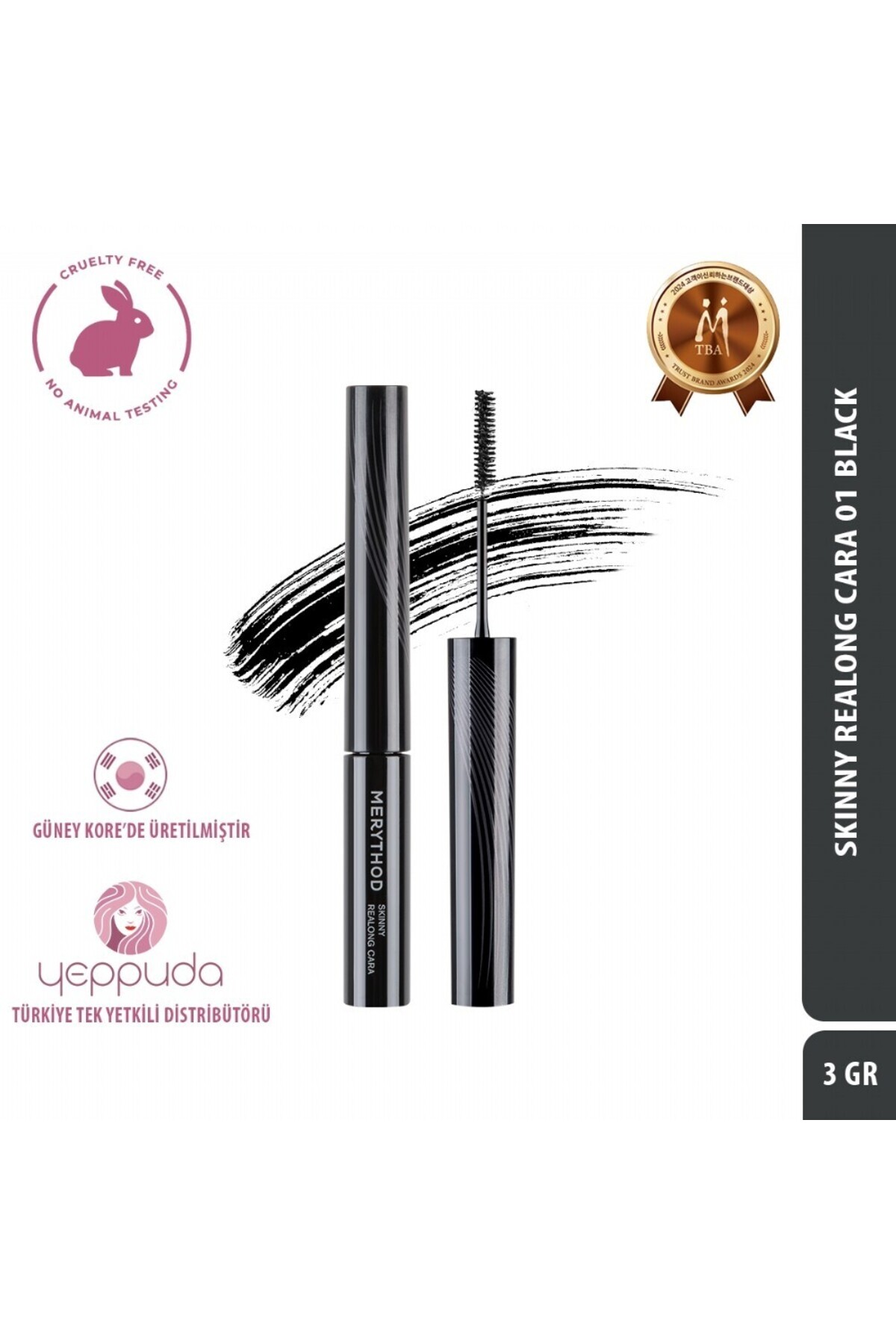 Merythod Skinny Realong Cara 01 Black- Topaklanma Yapmayan Suya Dayanıklı İnce Fırçalı Siyah Maskara