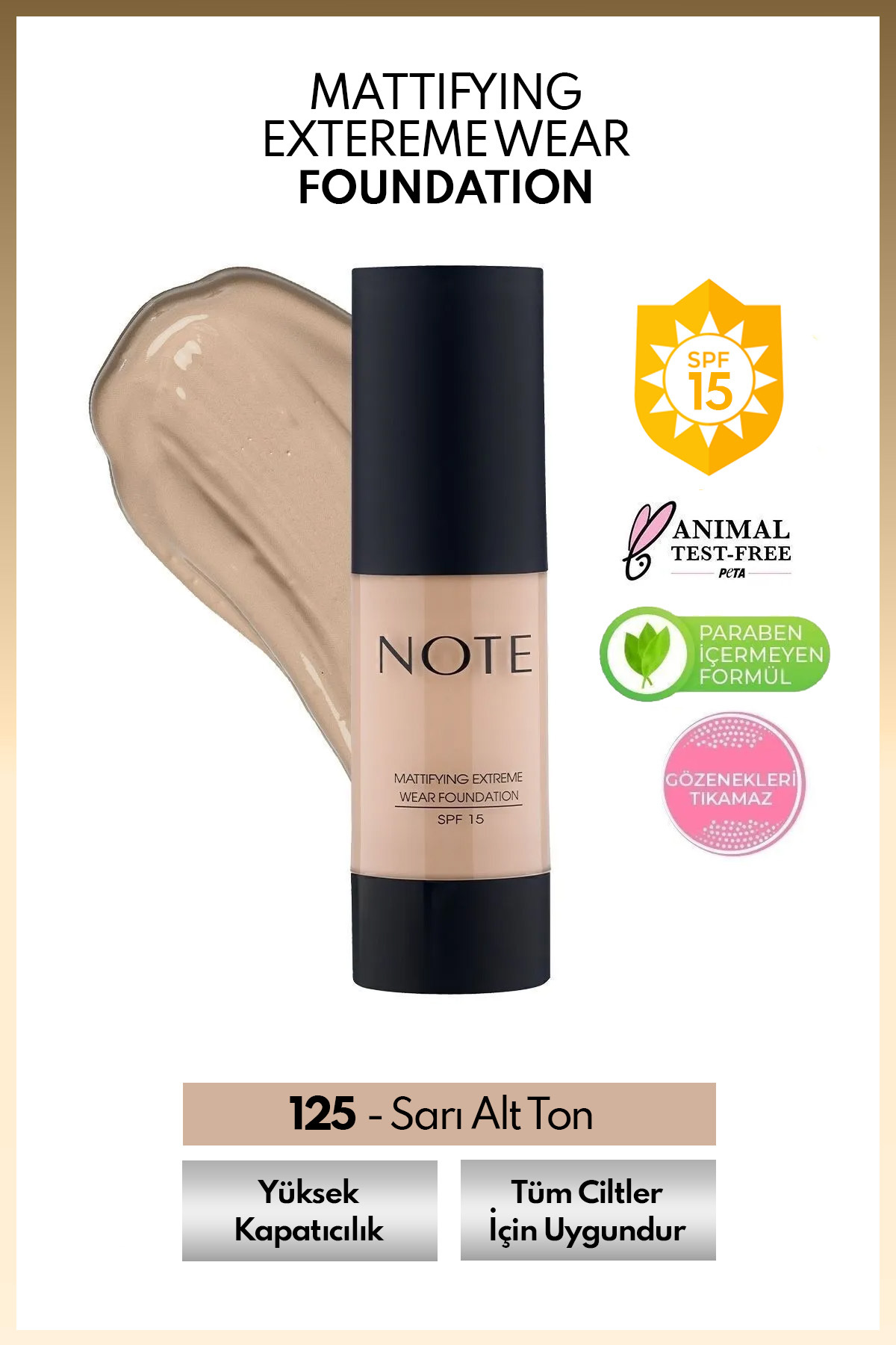 NOTE Mattifying Extreme Wear Spf 15 Yoğun Kapatıcı Mat Bitişli Fondöten - 125 Beige Ivory