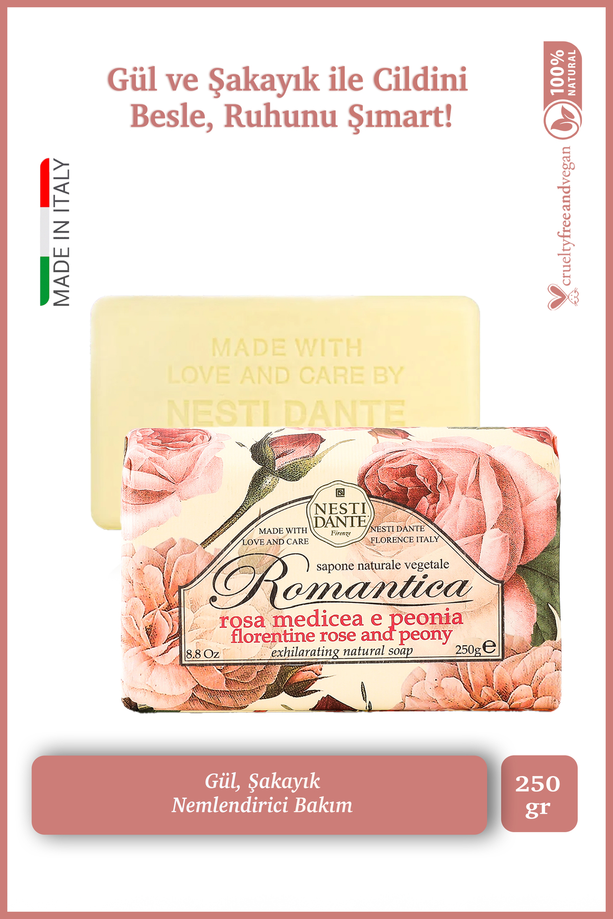 Nesti Dante Romantica Florentine Rose Peony Katı Sabun 250 gr | Gül ve Şakayık Özü | Nemlendirici | Banyo Sabunu