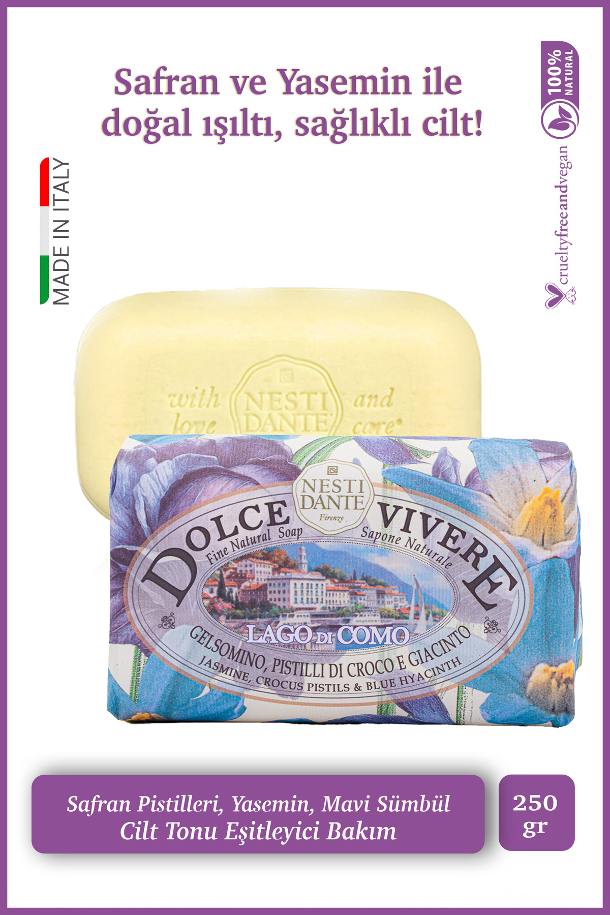 Nesti Dante Dolce Vivere Como Katı Sabun 250 gr | Safran ve Yasemin Özü | Ton Eşitleyici ve Nemlendirici | Banyo