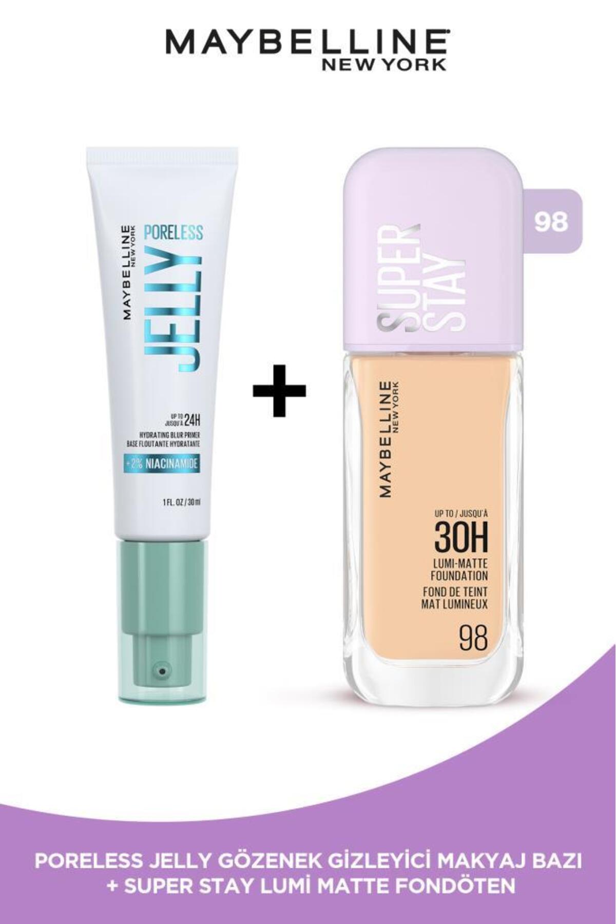 Maybelline New York Poreless Jelly Gözenek Gizleyici Makyaj Bazı & Super Stay Lumi Matte Fondöten - 98 & Sünger Hediye