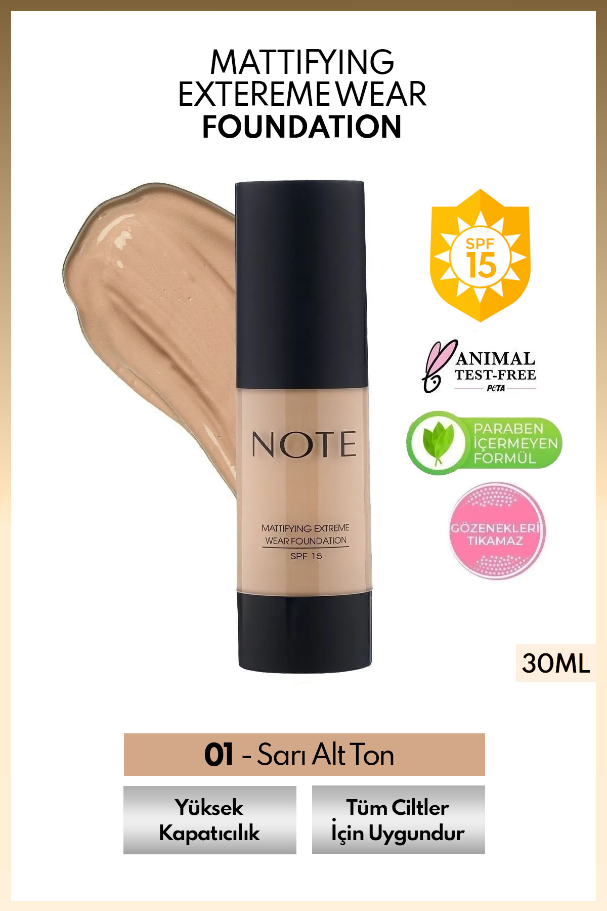 NOTE Mattifying Extreme Wear Spf 15 Yoğun Kapatıcı Mat Bitişli Fondöten - 01 Beige