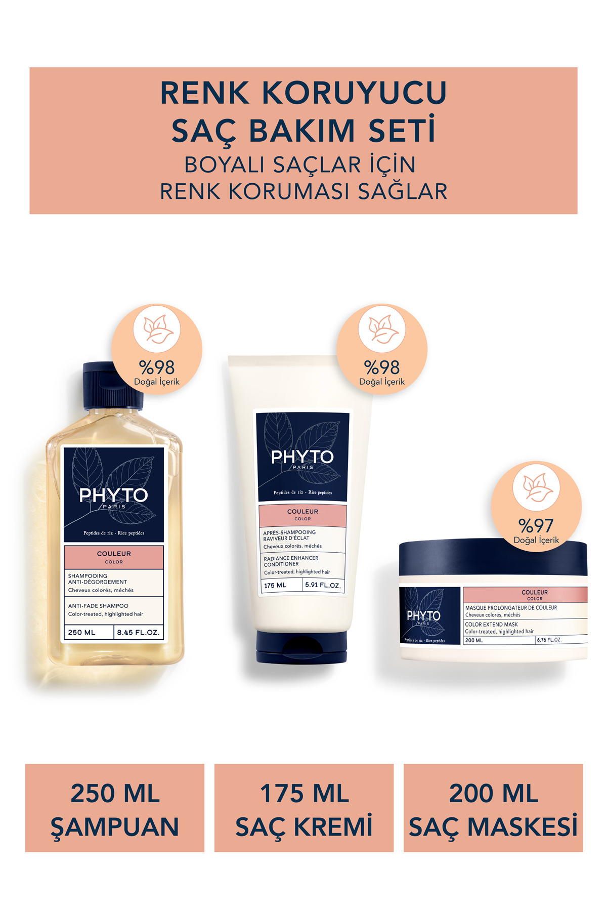 Phyto Color Boyalı Saç Bakım Seti Kadın – Renk Koruyucu Şampuan, Işıltı Veren Krem ve Renk Koruyucu Maske
