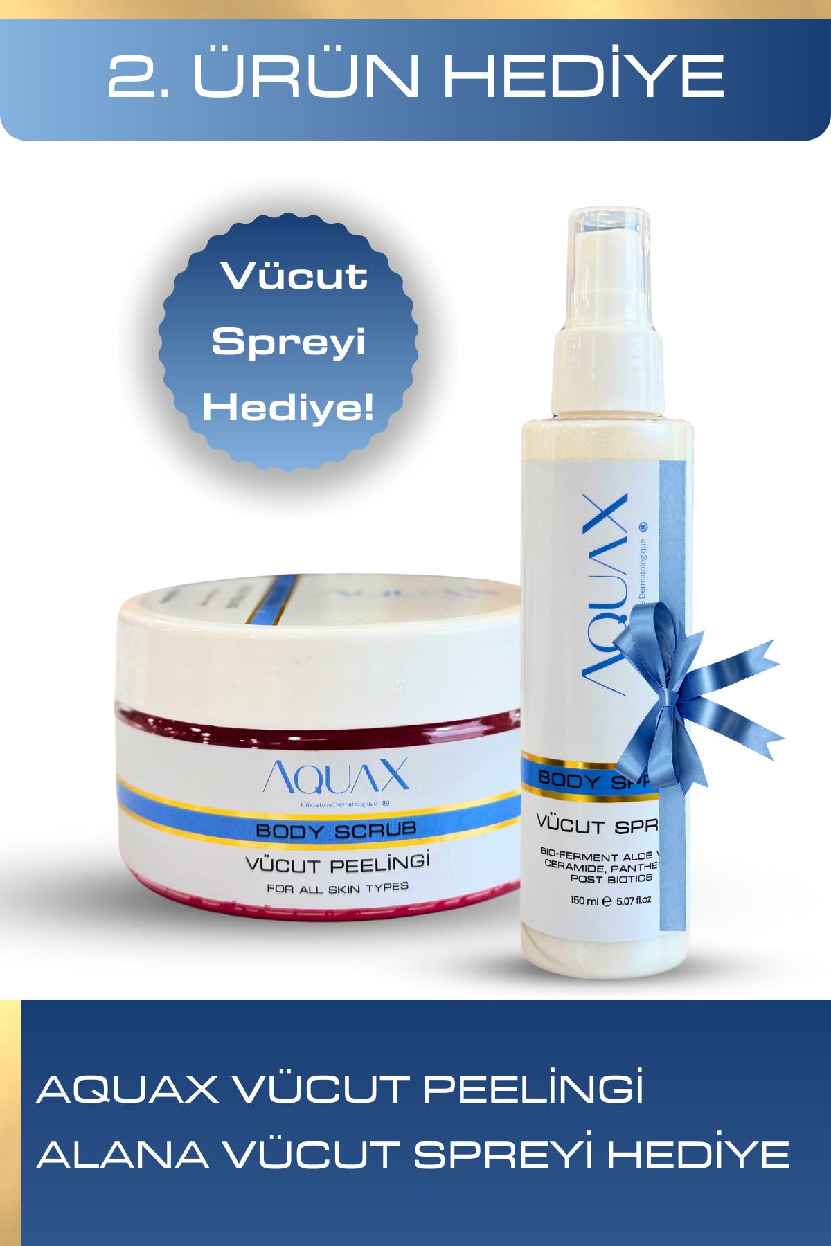 AquaX Vücut Peelingi 250gr + Nemlendirici ve Simli Vücut Spreyi
