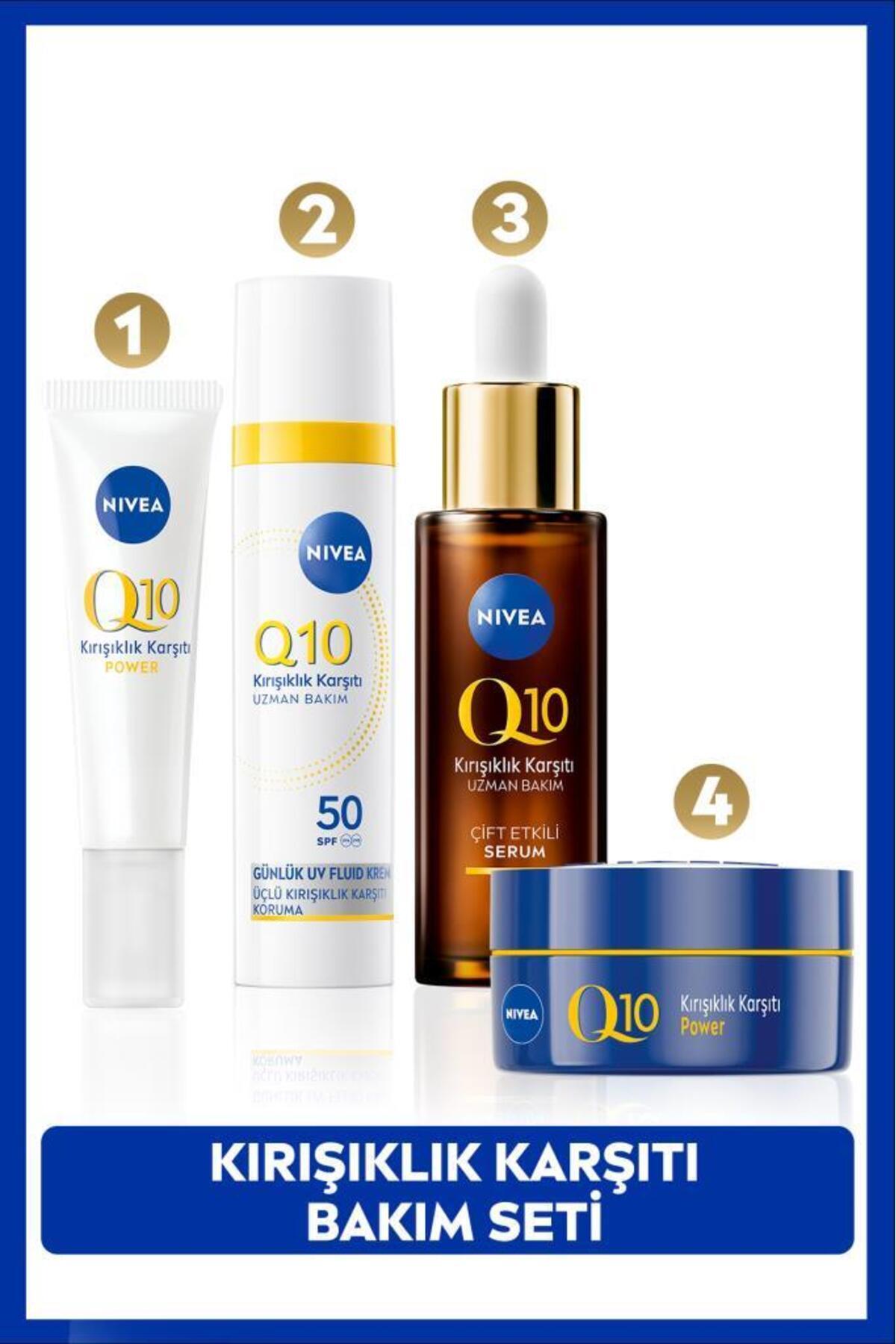 NIVEA Q10 SPF50 Güneş Koruyucu Yüz Bakım Kremi 40ml, Kırışıklık Karşıtı Serum 30ml,Göz Kremi ve Gece Kremi