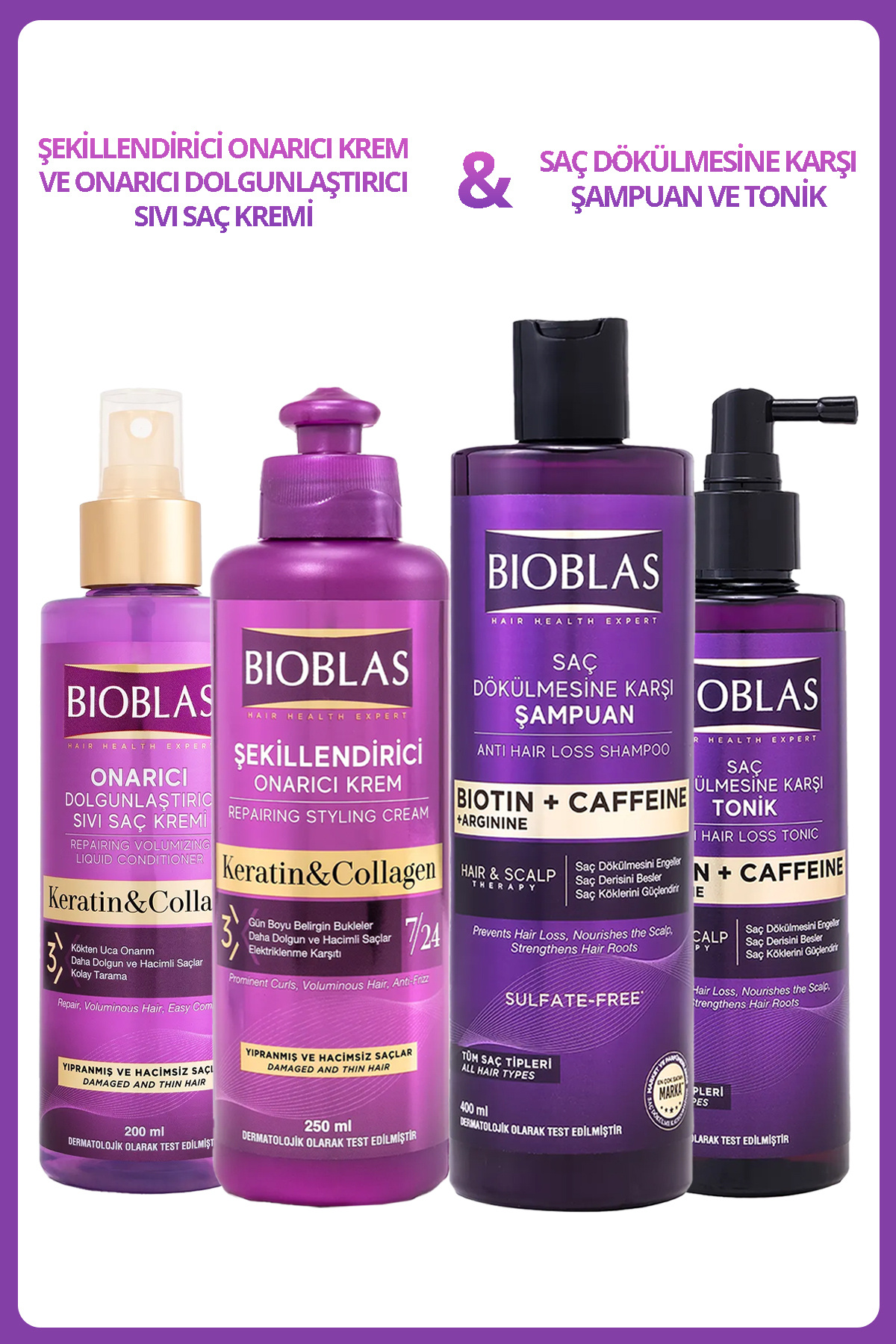Bioblas Kafein Arjinin Biotin Şampuan 400Ml+Saç Toniği ve Sıvı SaçKremi 200ML+Şekillendirici SaçKremi 250ML