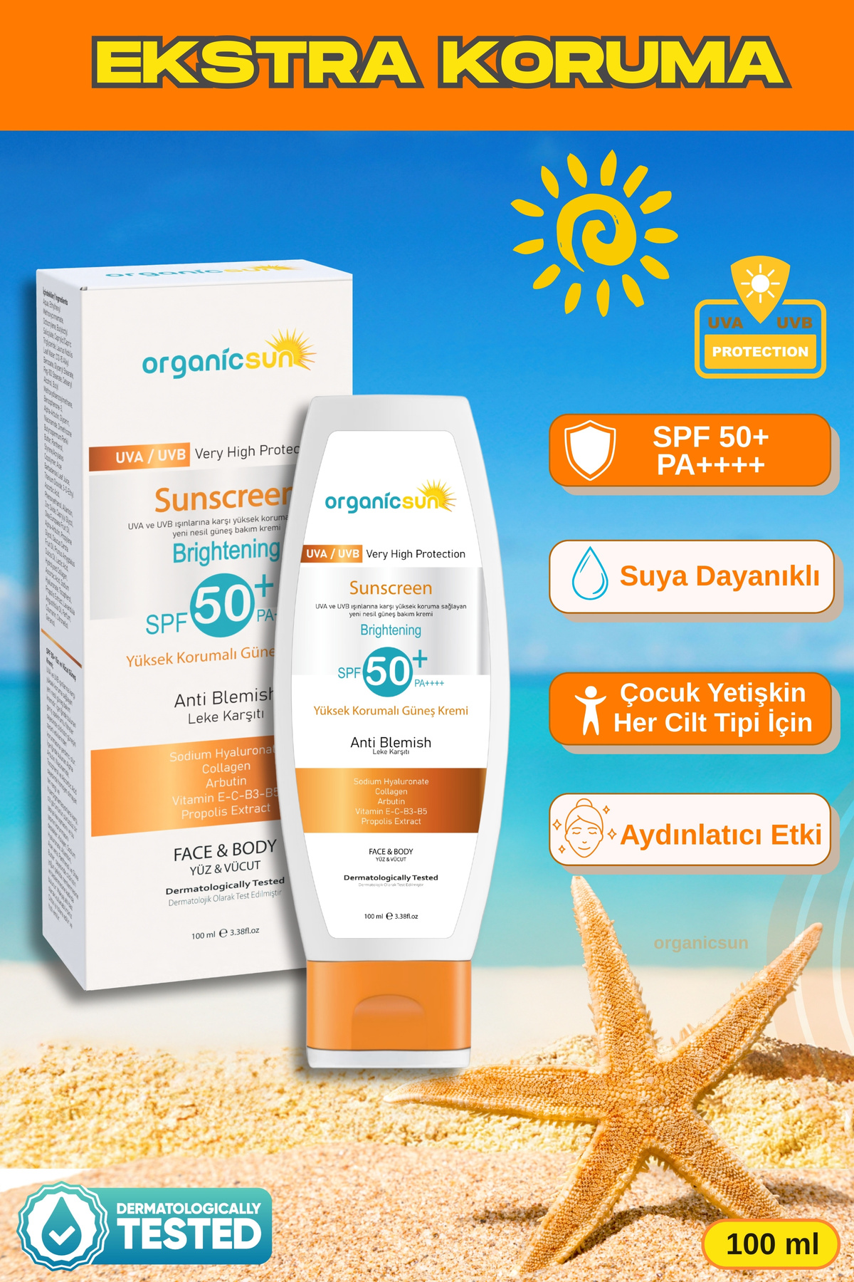 Organicsun SPF 50+ Yüz ve Vücut Güneş Kremi 100ml – Yüksek Korumalı, Leke Karşıtı, Aydınlatıcı, Suya Dayanıklı