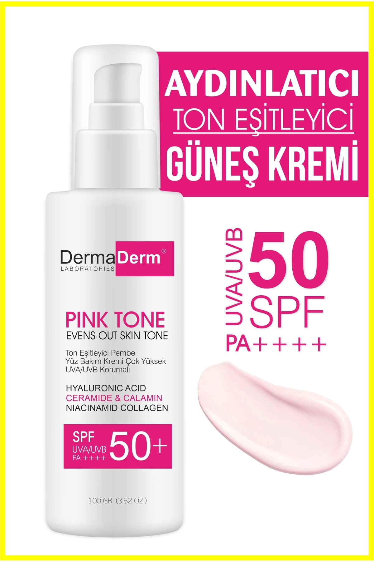 DermaDerm Ton Eşitleyici Aydınlatıcı Güneş Kremi SPF 50+ Sunblock Tone Up Base Pink 100 ml